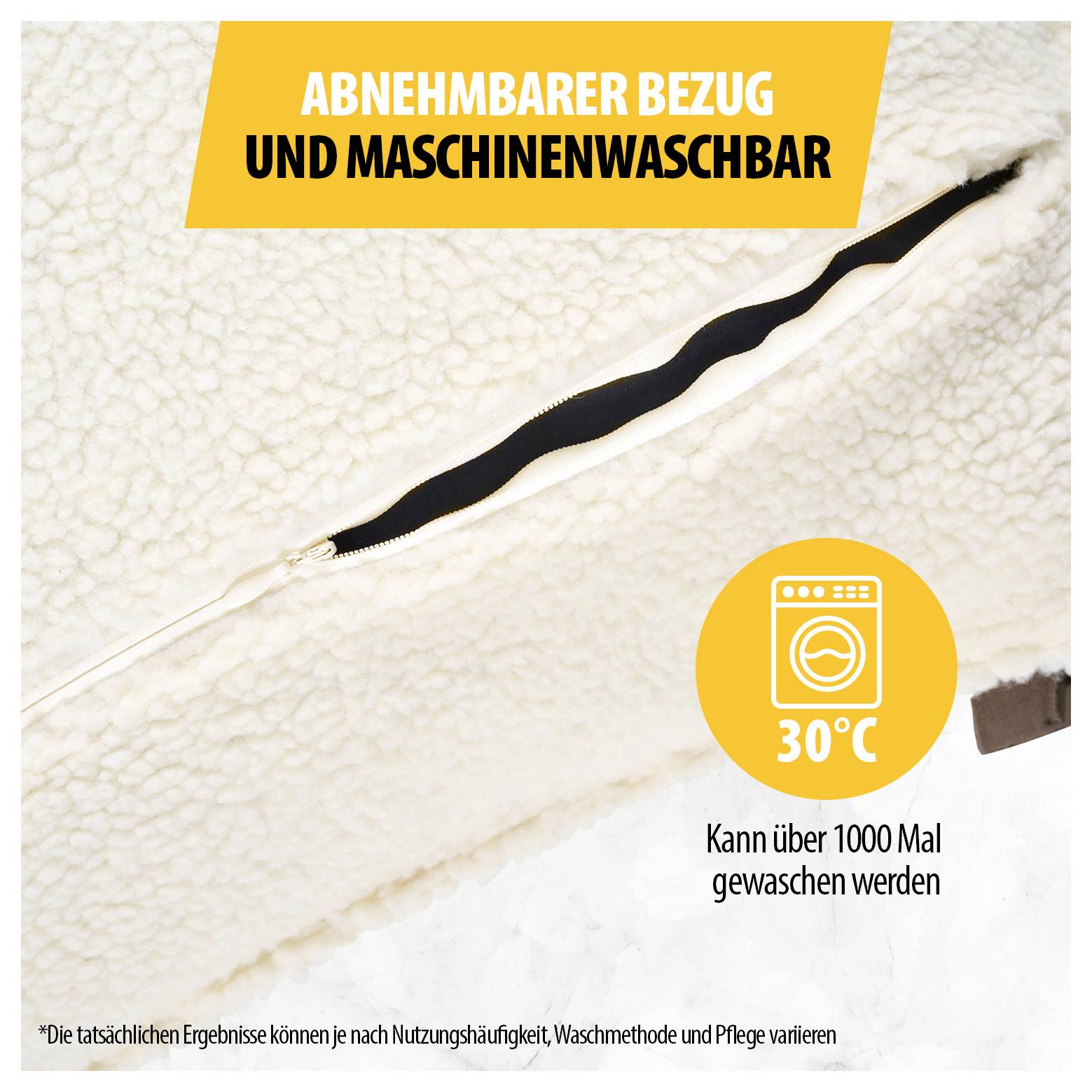 Abnehmbarer, maschinenwaschbarer Bezug; 30 °C waschbar und über 1000 Mal waschbar.