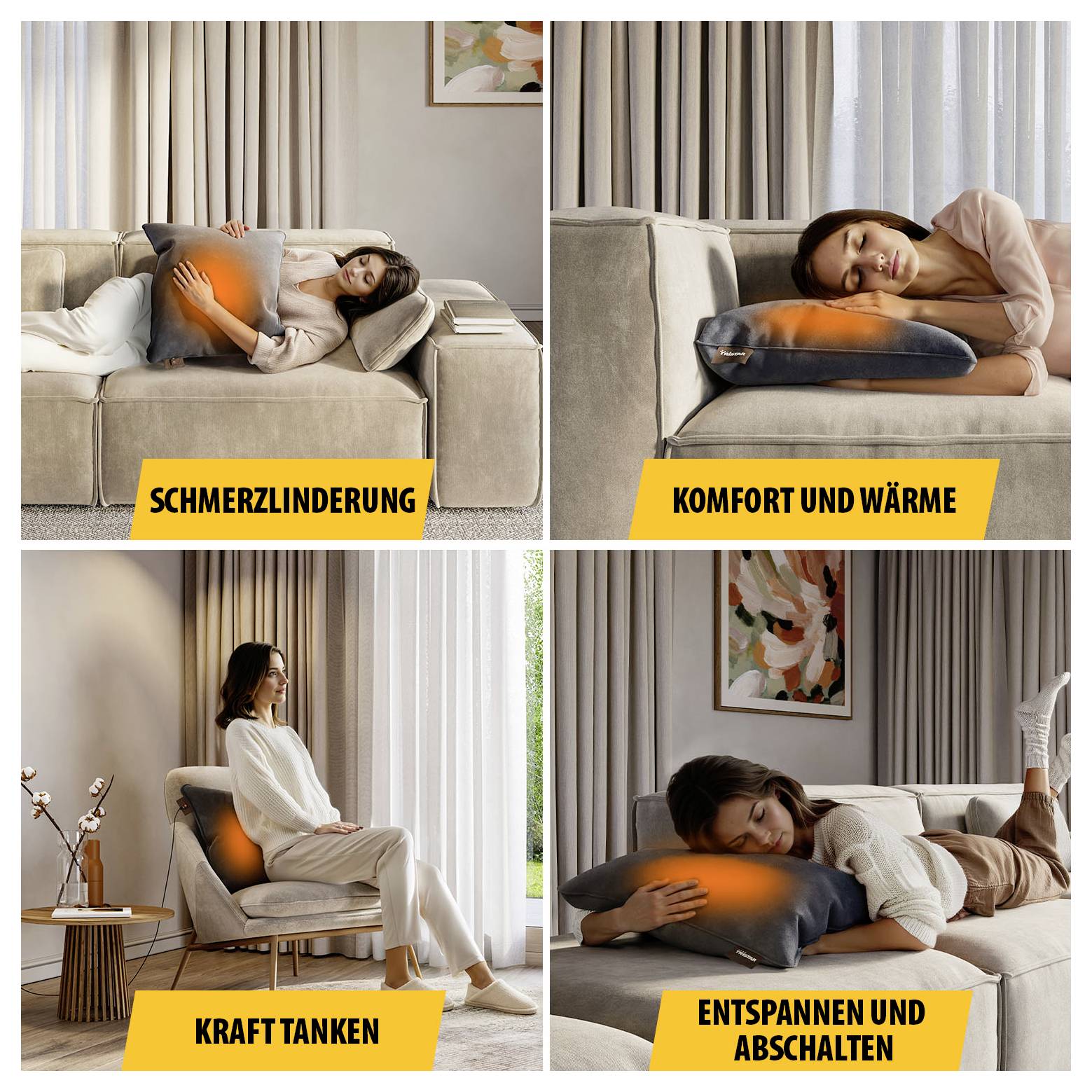 Vier Bilder zeigen eine Frau mit beheiztem Kissen auf Sofa/Sessel: Schmerzlinderung, Komfort und Wärme, Kraft tanken, Entspannen und Abschalten.