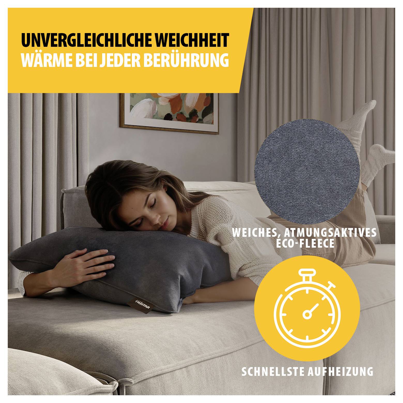 Werbung für ein beheizbares Kissen: Frau liegt entspannt im Bett; Text nennt 'UNVERGLEICHLICHE WEICHHEIT', 'WÄRME BEI JEDER BERÜHRUNG', 'WEICHES, ATMUNGSAKTIVES ECO-FLEECE' und 'SCHNELLSTE AUFHEIZUNG'.