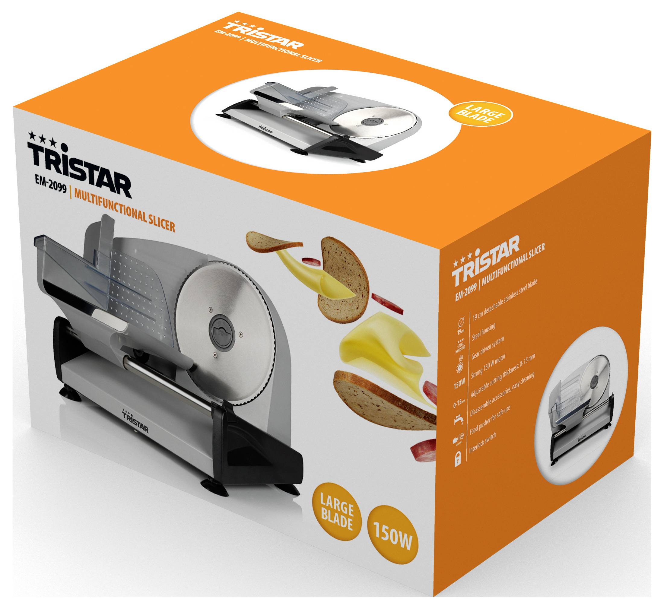 Karton eines Tristar-Multifunktionsschneidemessers mit großer Klinge und 150 W Leistung, gezeigt in orange-weißer Einzelhandelverpackung mit Produktfotos und Bildern von geschnittenem Essen.