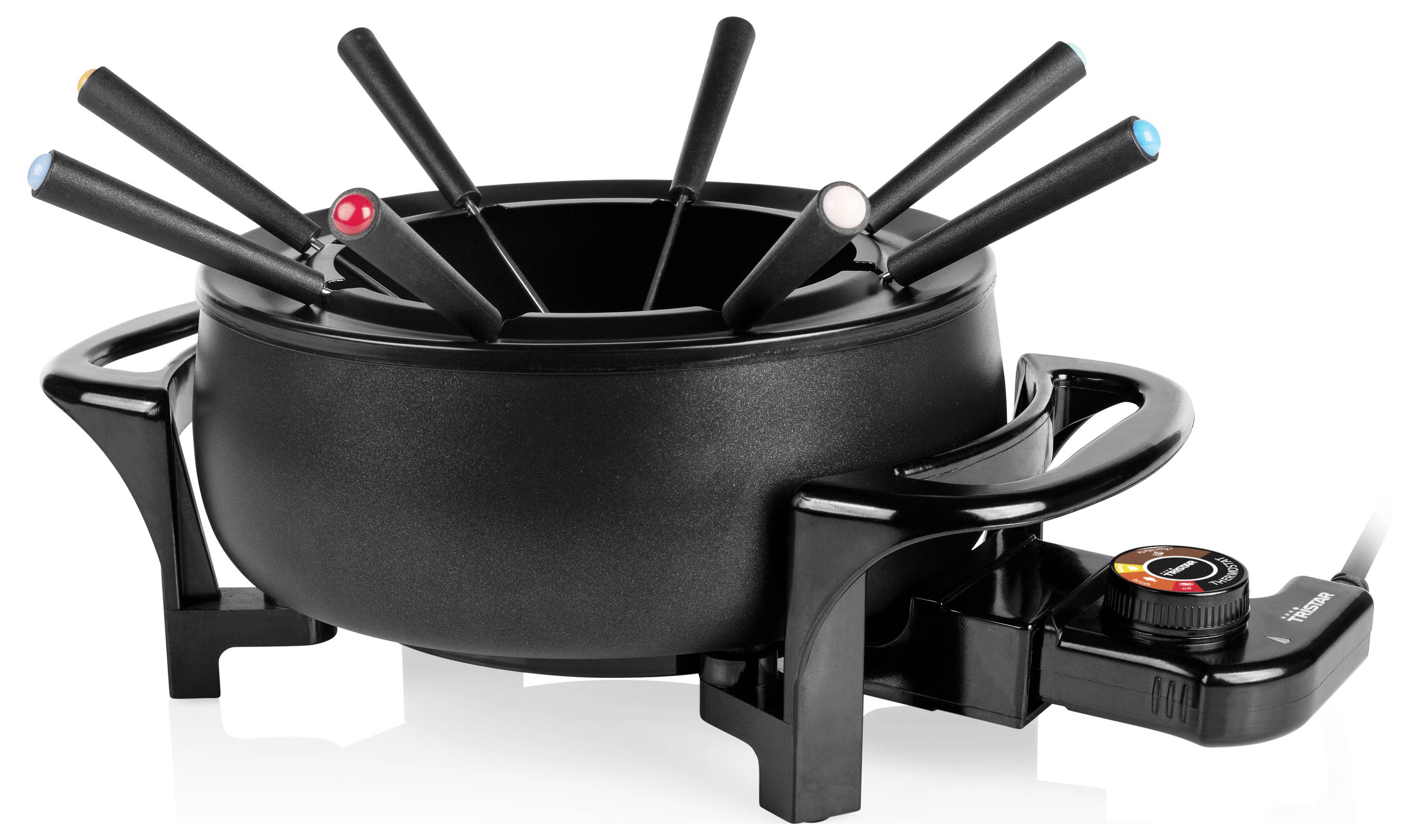 Schwarzer elektrischer Fondue-Topf mit sechs Spießen auf einem Ständer, mit einer Temperaturregelungsskala und einer Strombasis auf weißem Hintergrund.