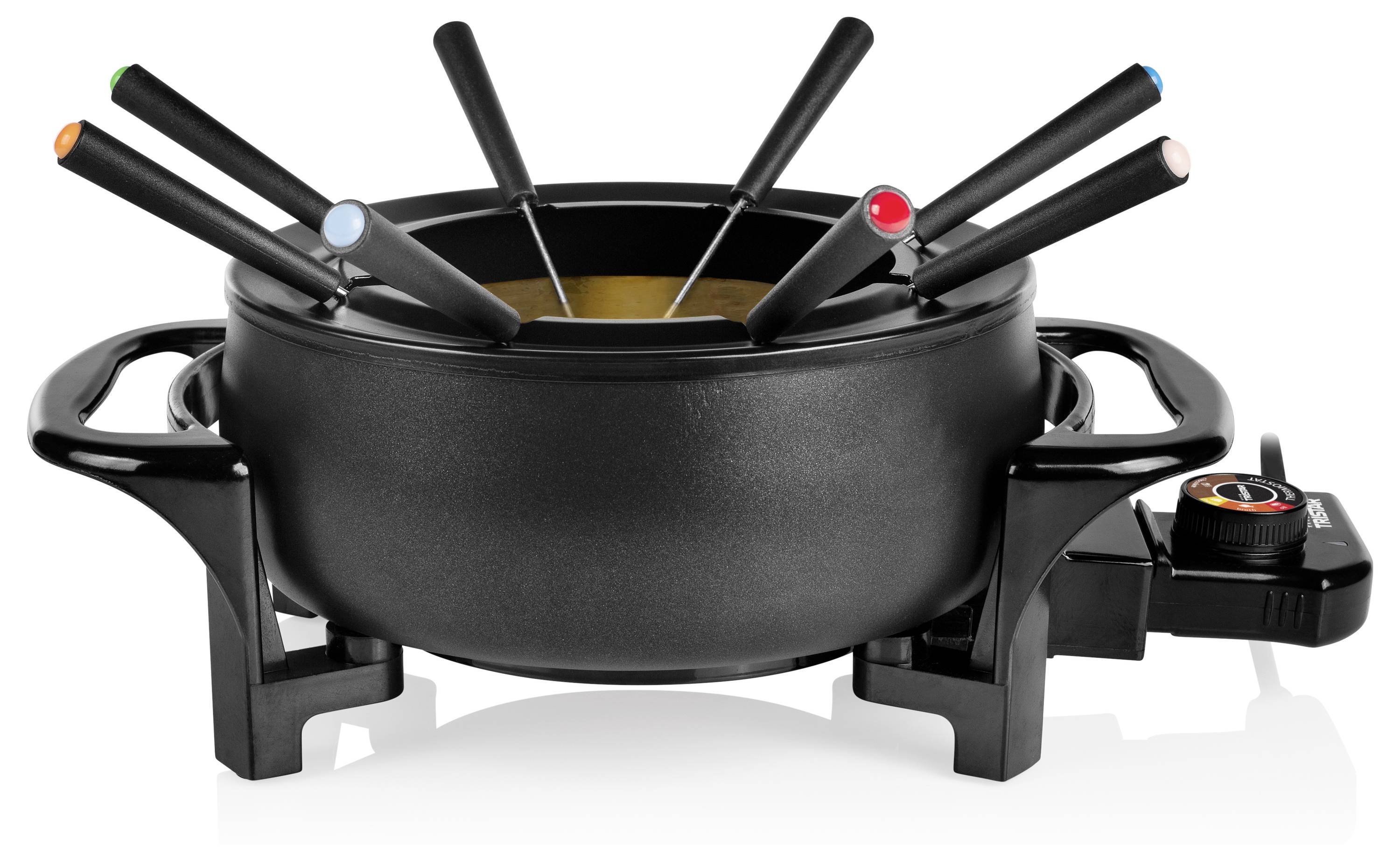 Schwarzer elektrischer Fondue-Topf mit sechs Spießen und Temperaturreglerschieber auf der rechten Seite