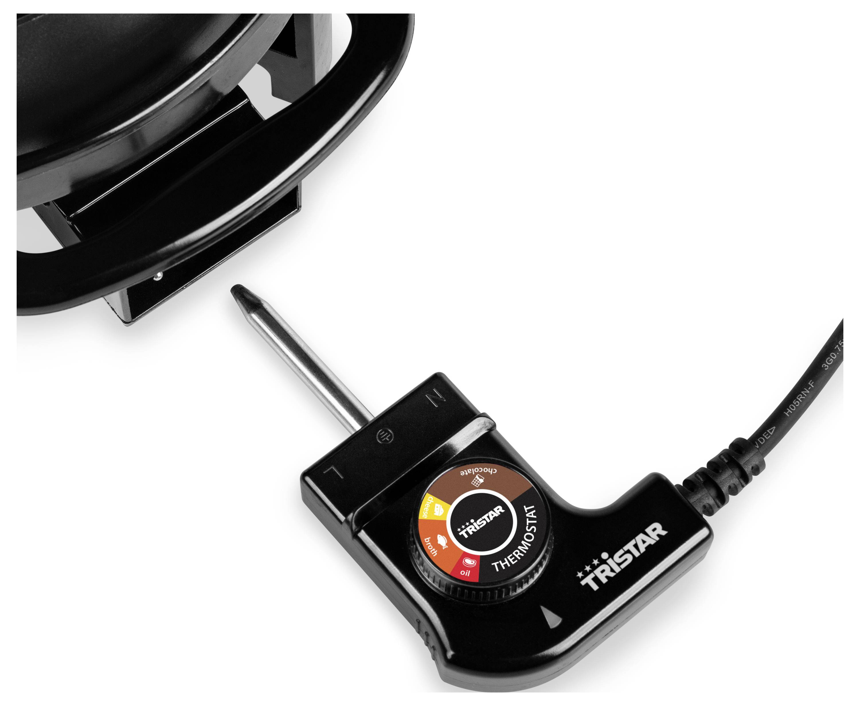 Thermostat-Steuereinheit für Elektrogrill mit Drehregler und Messfühler, angebracht an einem schwarzen Heizgerät auf weißem Hintergrund.