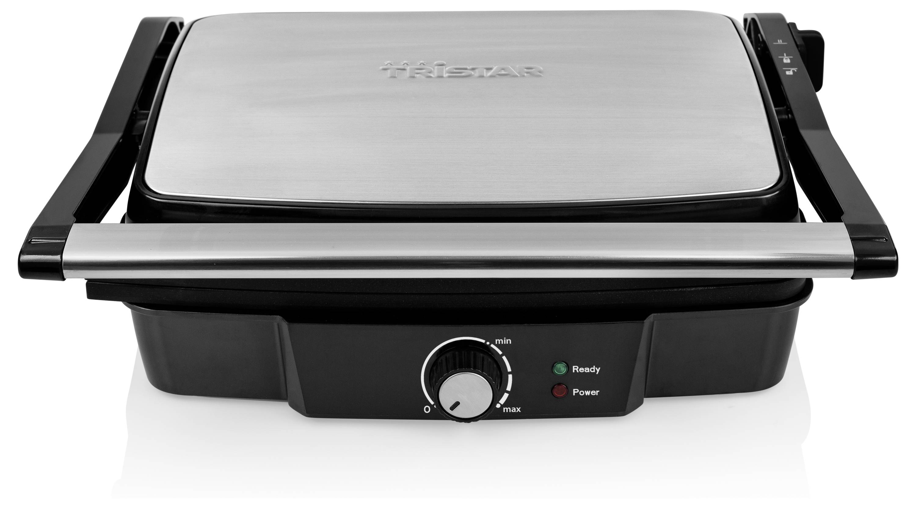 Silberner Elektrogrill mit schwarzem Sockel, Temperaturregelungsregler und Betriebs-/Stromversorgungsanzeigeleuchten.