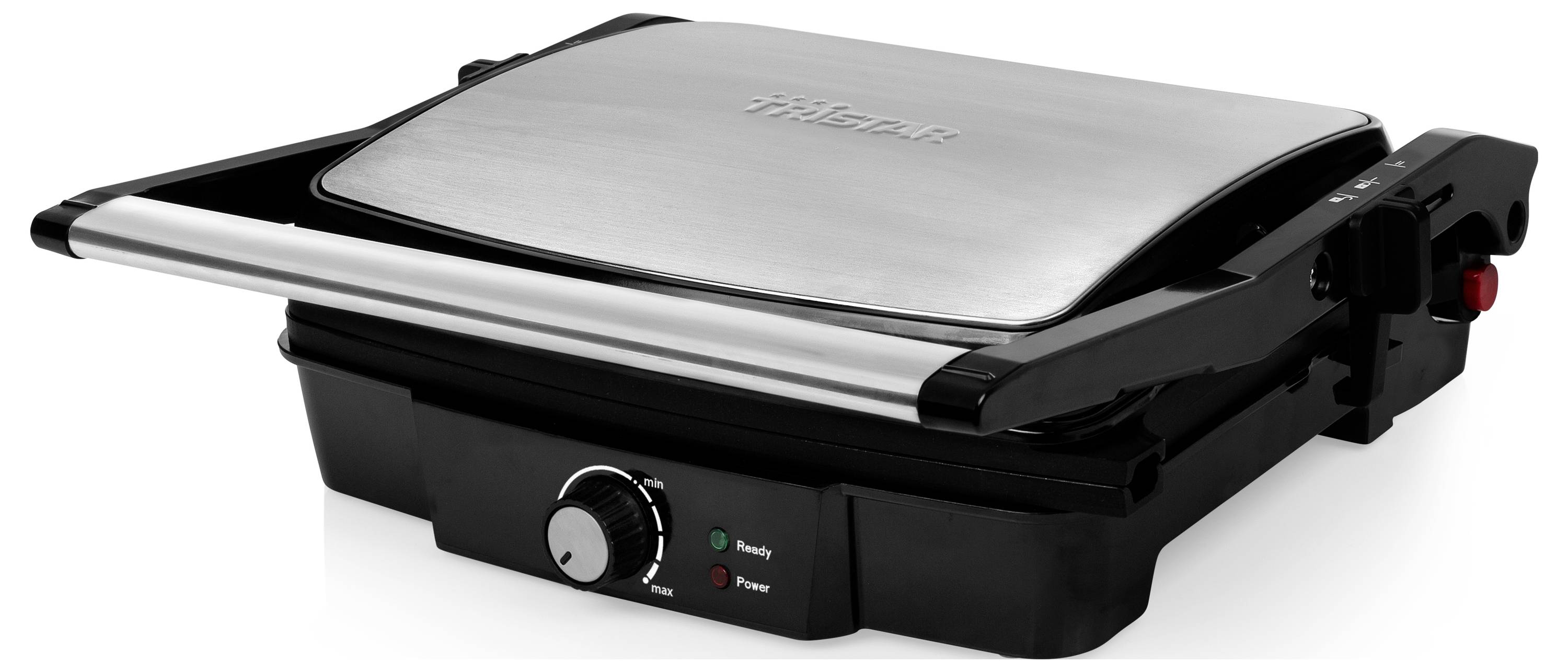 Geschlossener elektrischer Sandwichmaker oder Panini-Grill mit Edelstahldeckel, schwarzem Sockel, Temperaturregler und Betriebs-/Vorheizanzeige-Leuchten.