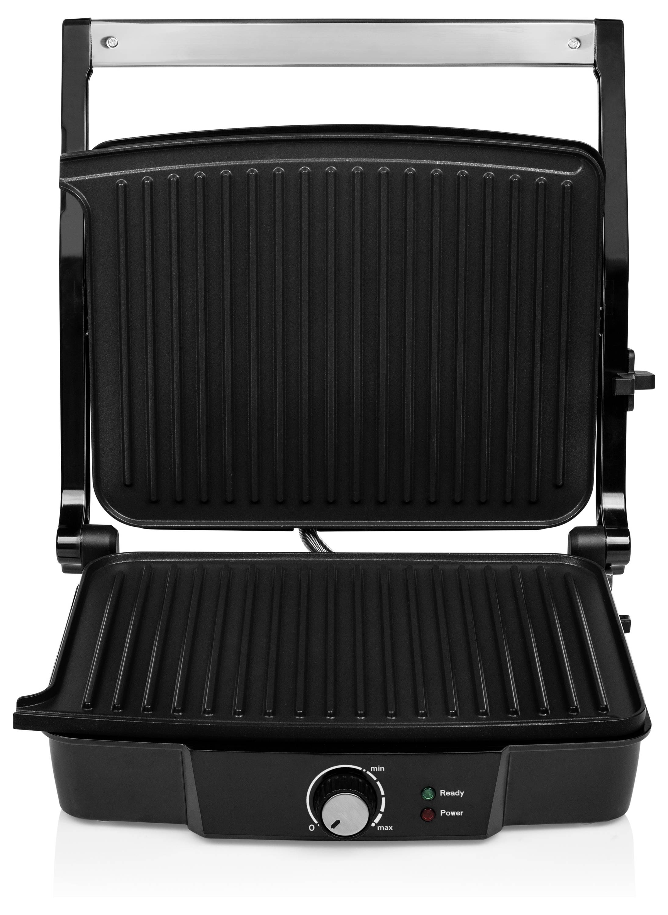 Schwarzer elektrischer Kontaktgrill/Toaster mit gerippten Platten offen, zeigt Bereitschafts- und Stromversorgungsanzeigeleuchten an der Vorderseite.