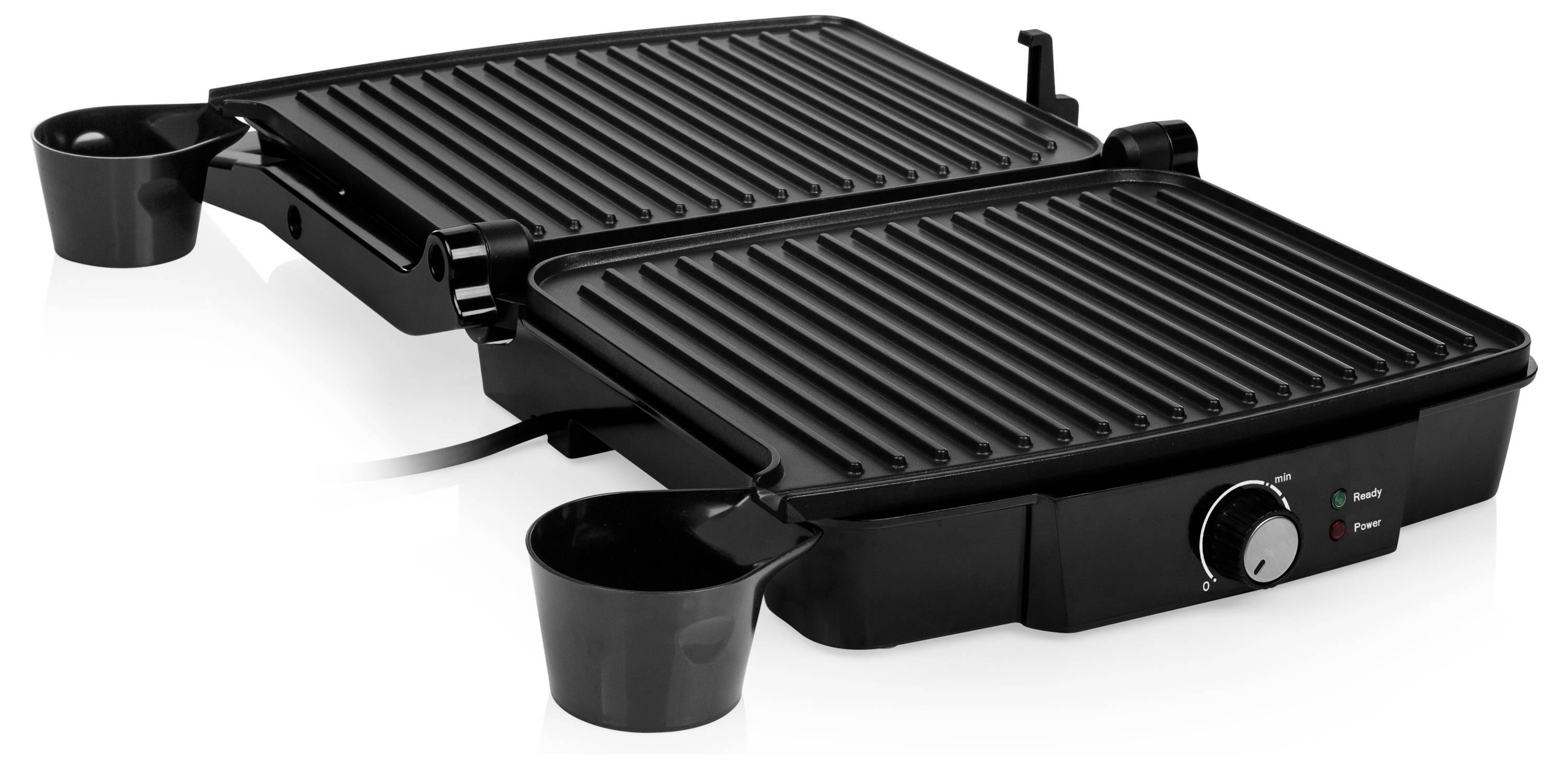 Schwarzer elektrischer Tischgrill mit gerippten antihaftbeschichteten Platten, Temperaturregler und Fettauffangbechern auf beiden Seiten, in Dreiviertelperspektive dargestellt.