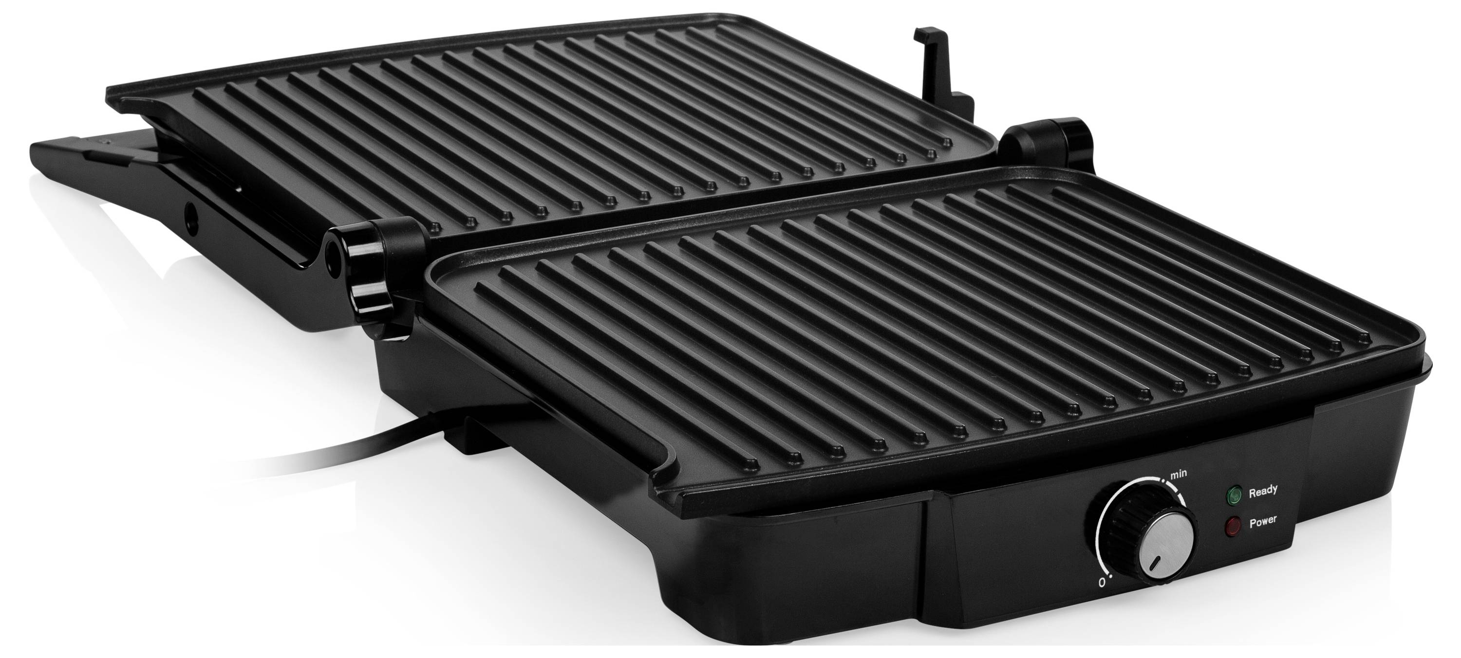 Schwarzer elektrischer Kontaktgrill mit zwei gerillten Kochplatten, Temperaturregler und Betriebs-/Bereitschaftsanzeigeleuchten an der Vorderseite.