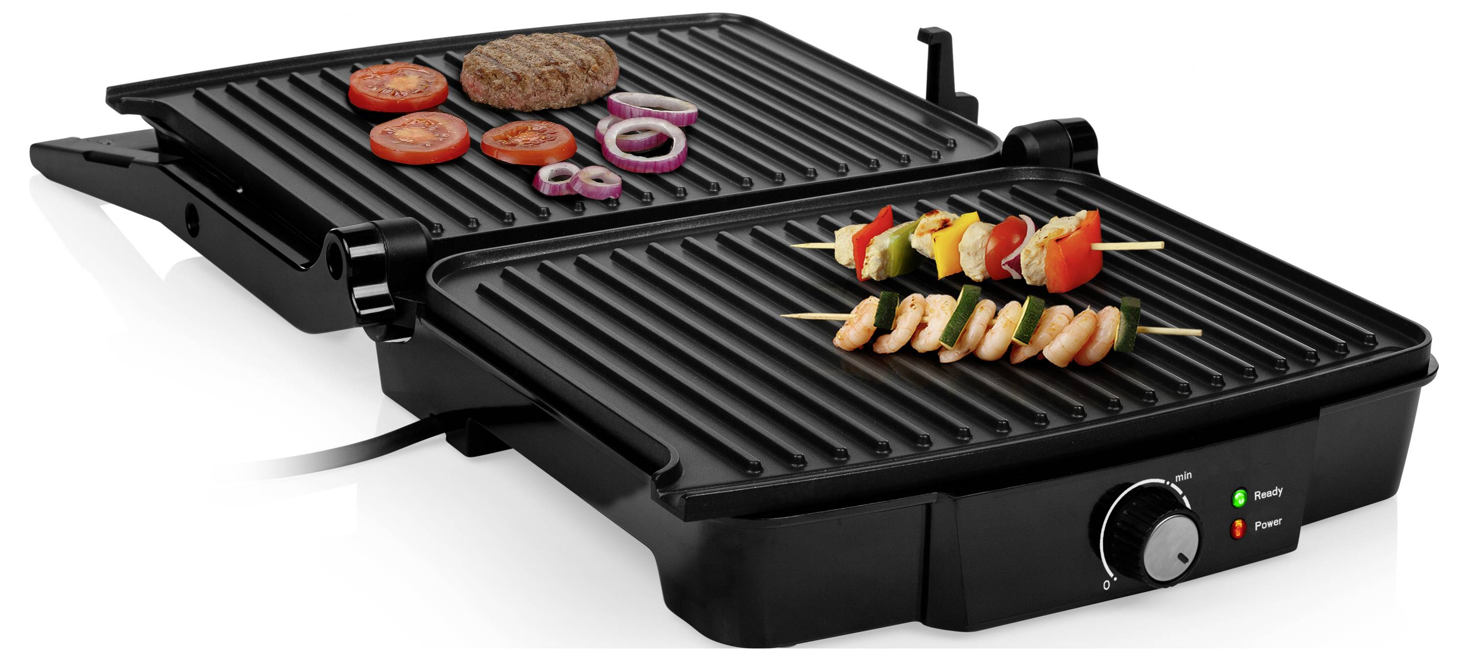 Schwarzer elektrischer Tischgrill mit zwei klappbaren Kochplatten, auf dem ein Burgerpatty, Tomate, Zwiebelbringel, Spieße und Garnelen gegrillt werden.