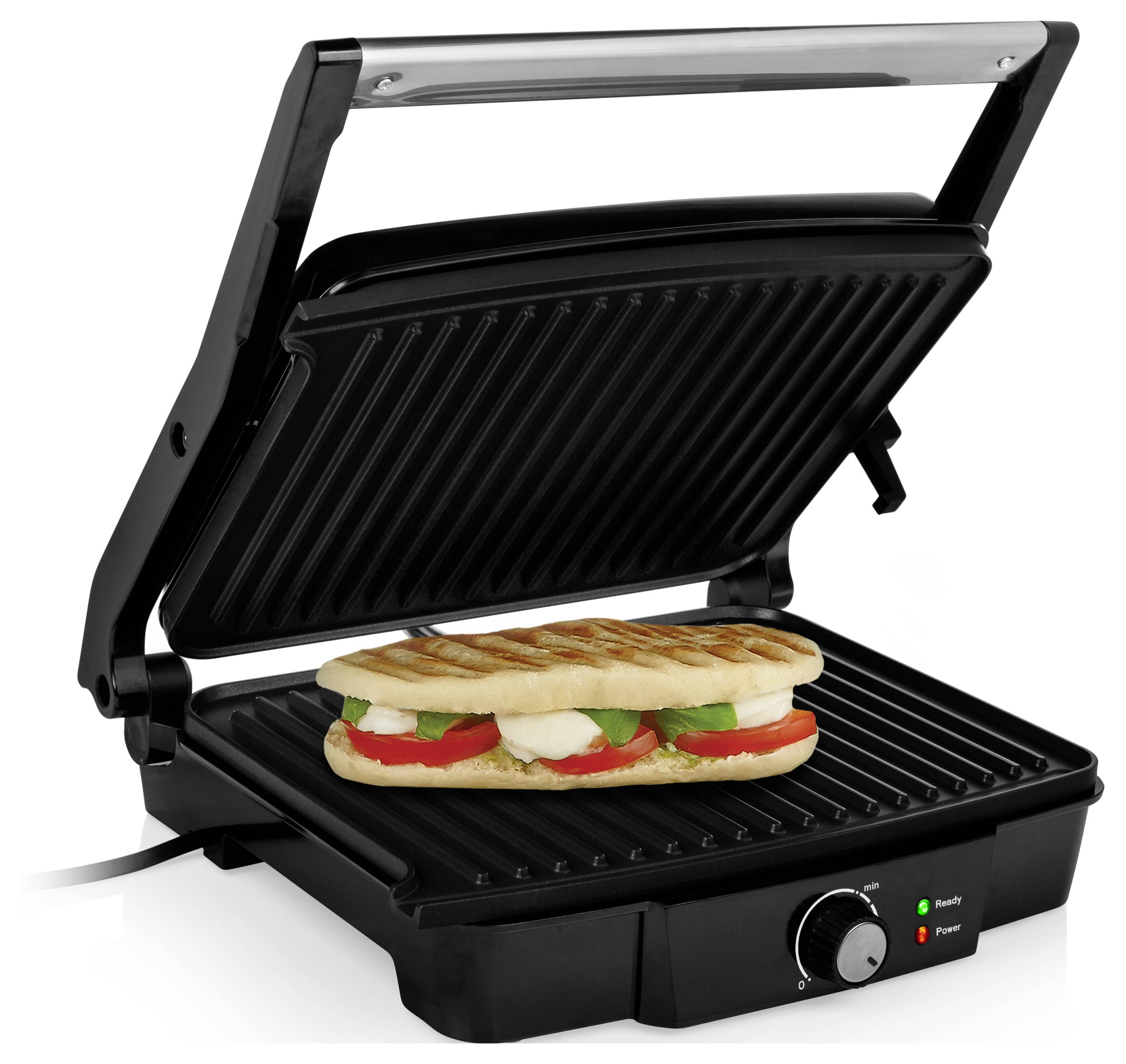 Offener elektrischer Panini-Grill mit einem Sandwich auf der unteren Platte?