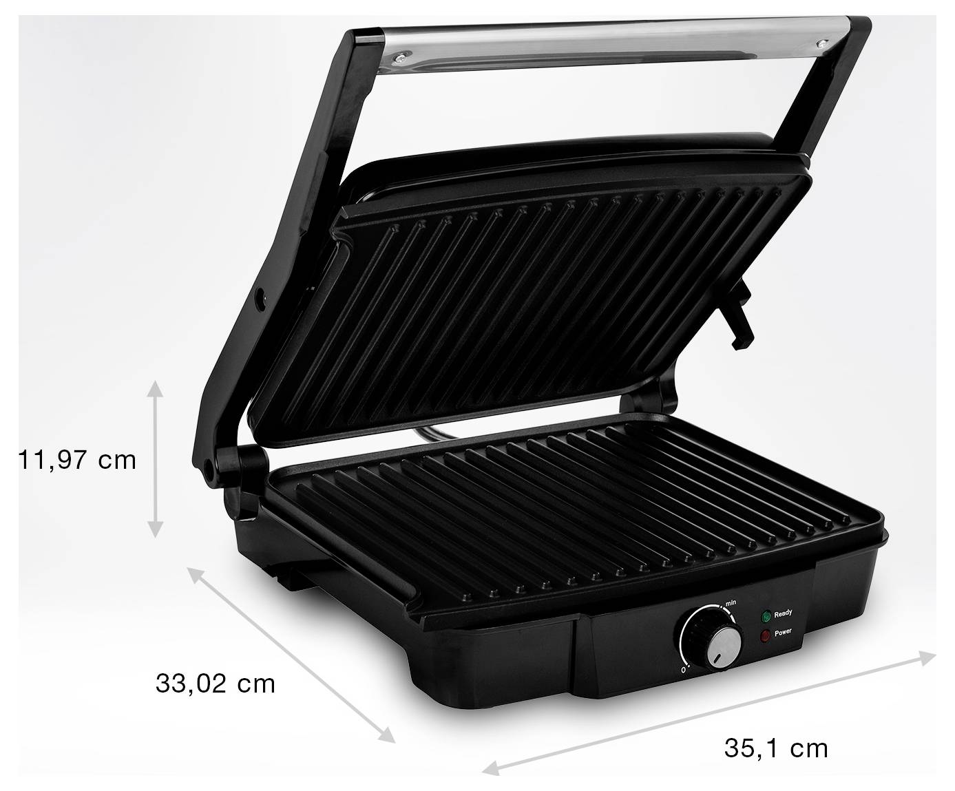 Offene Grillpresse für die Arbeitsfläche dargestellt mit Abmessungen von 35,1 cm Breite, 33,02 cm Tiefe und 11,97 cm Höhe.