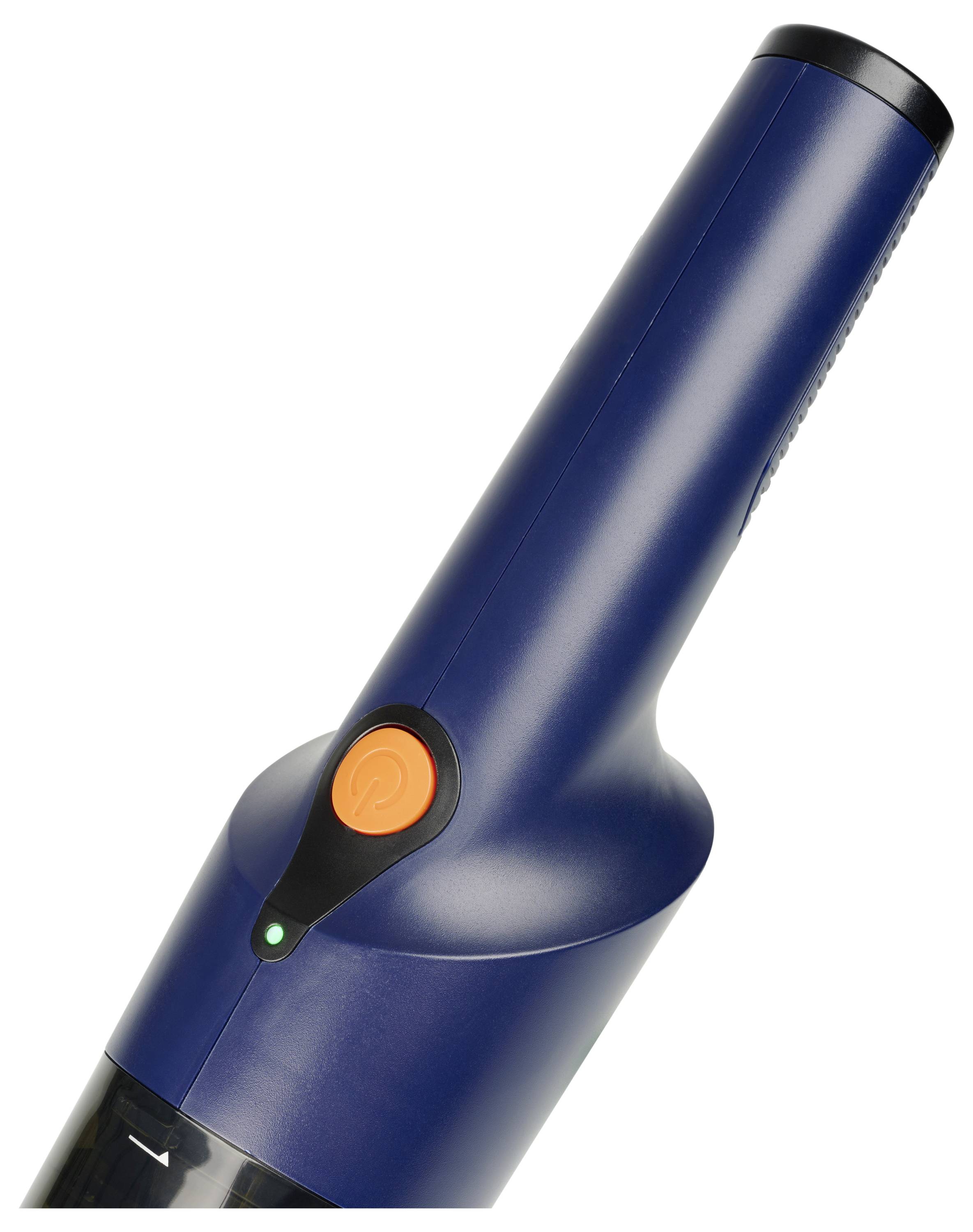 Nahaufnahme eines blauen tragbaren Staubsaugers mit orangefarbener Einschalttaste und kleiner grüner Kontrollleuchte auf weißem Hintergrund.