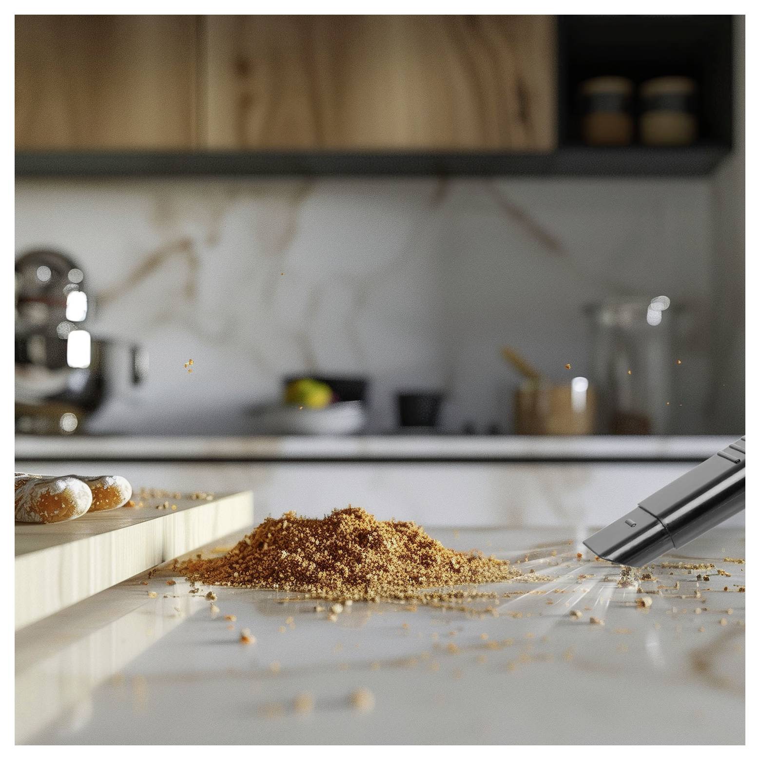 Küchentheke mit einem Haufen verschütteter Krümel oder Zucker neben einem umgestürzten Gerät, was darauf hindeutet, dass eine chaotische Reinigung im Gange ist.