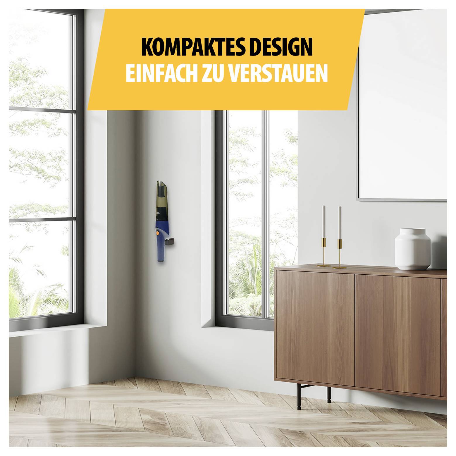 Innenraum mit an der Wand verstautem Werkzeug; Banner oben: 'KOMPAKTES DESIGN EINFACH ZU VERSTA UEN'