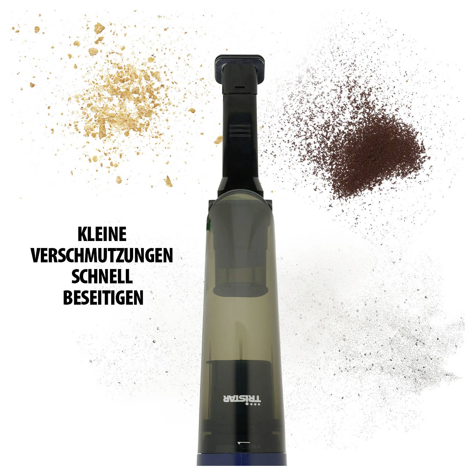 Akkusauger entfernt kleine Verschmutzungen schnell; Text: 'KLEINE VERSCHMUTZUNGEN SCHNELL BESEITIGEN'.