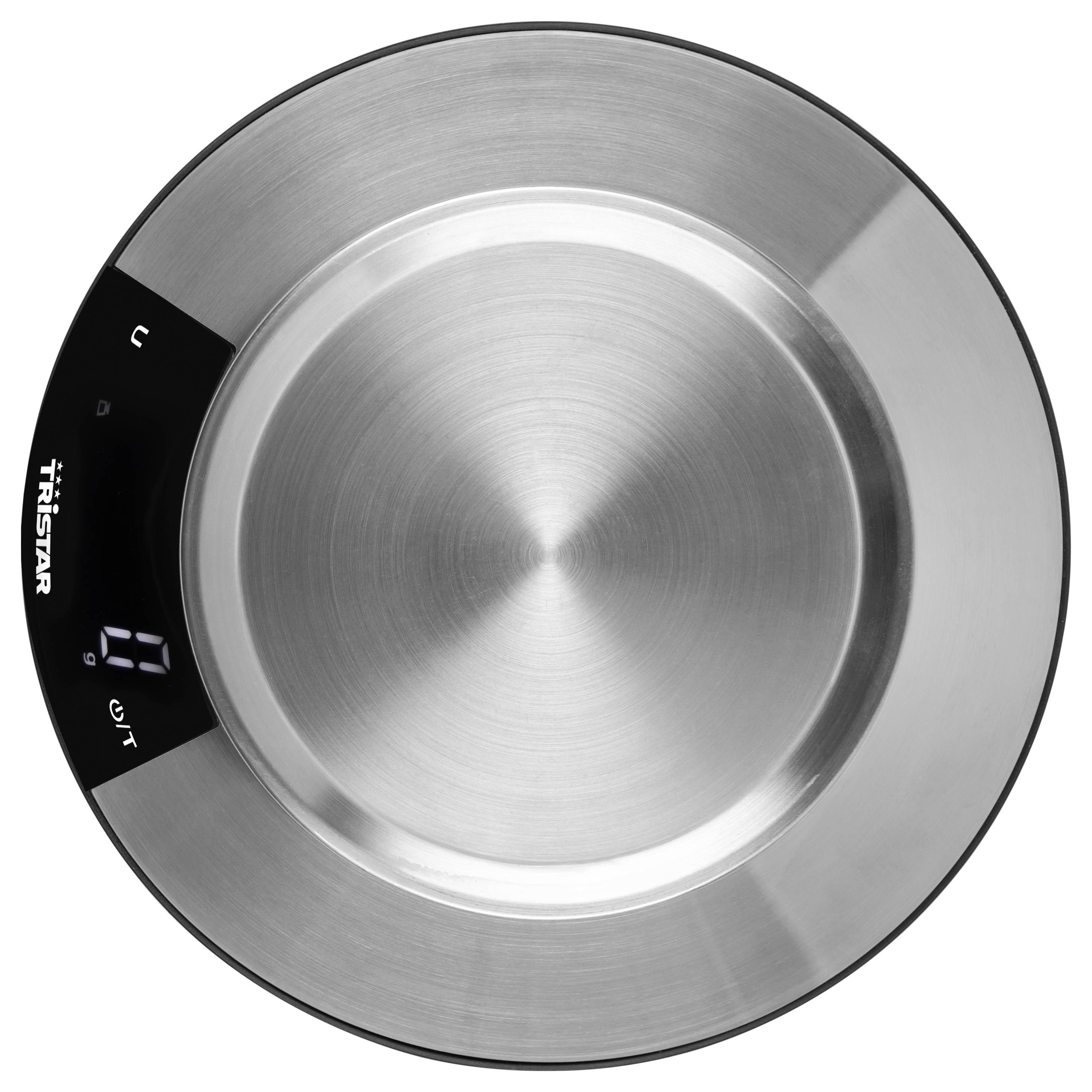 Draufsicht einer Edelstahl-Elektrokochplatte von Tristar mit digitaler Bedienblende, die „8