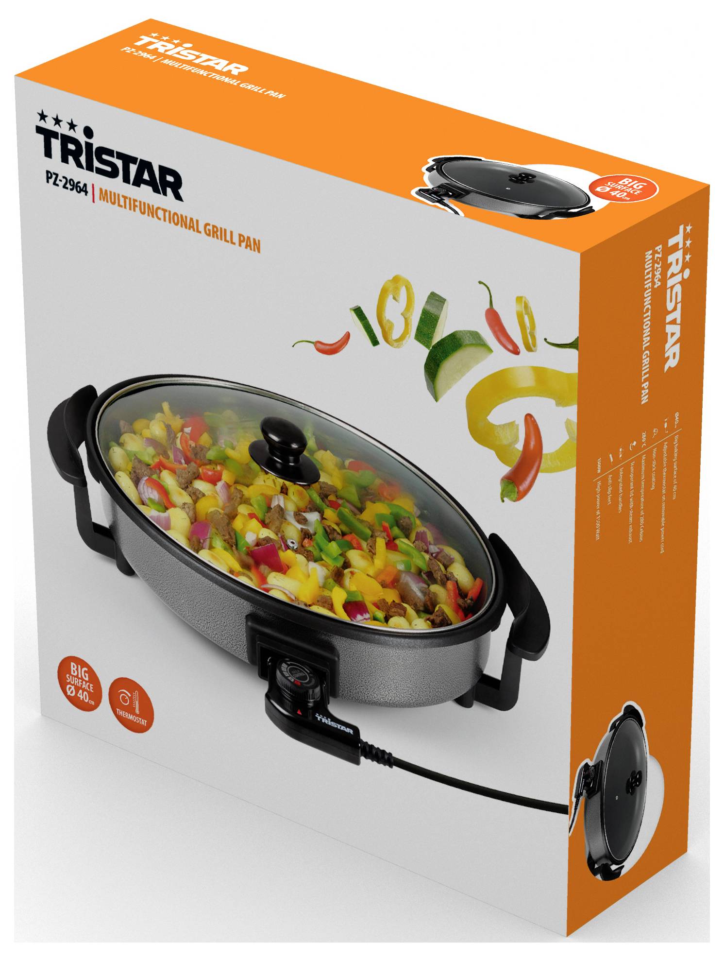 Verpackung für eine Tristar-Multifunktions-Grillpfanne, die eine Elektropfanne mit Deckel zeigt, in der Gemüse gegart wird, sowie Produktmarkenzeichen auf einem orange-weißen Karton.