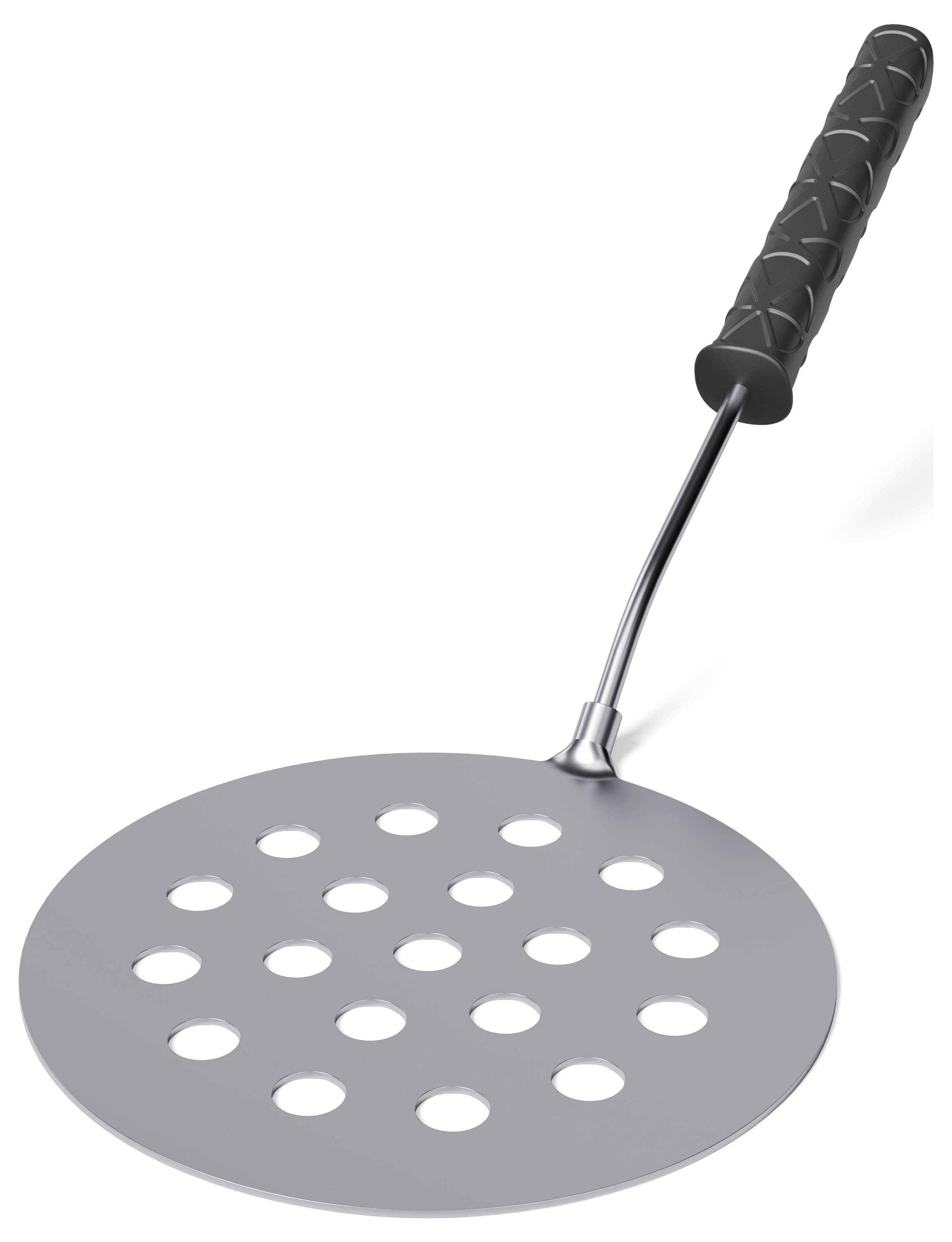 Rundes Metallgrillwerkzeug mit langem Griff und perforiertem kreisförmigem Kopf zum Anheben oder Wenden von Speisen auf einem Grill.