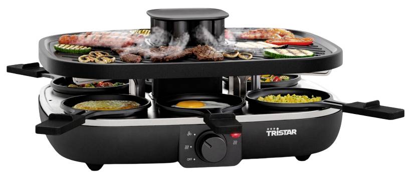 Elektrischer Party-Grill mit abnehmbarer Oberplatte und Seitenpfannen zum Garen von verschiedenen Fleischsorten, Gemüse und Pfannkuchen, Marke Tristar.