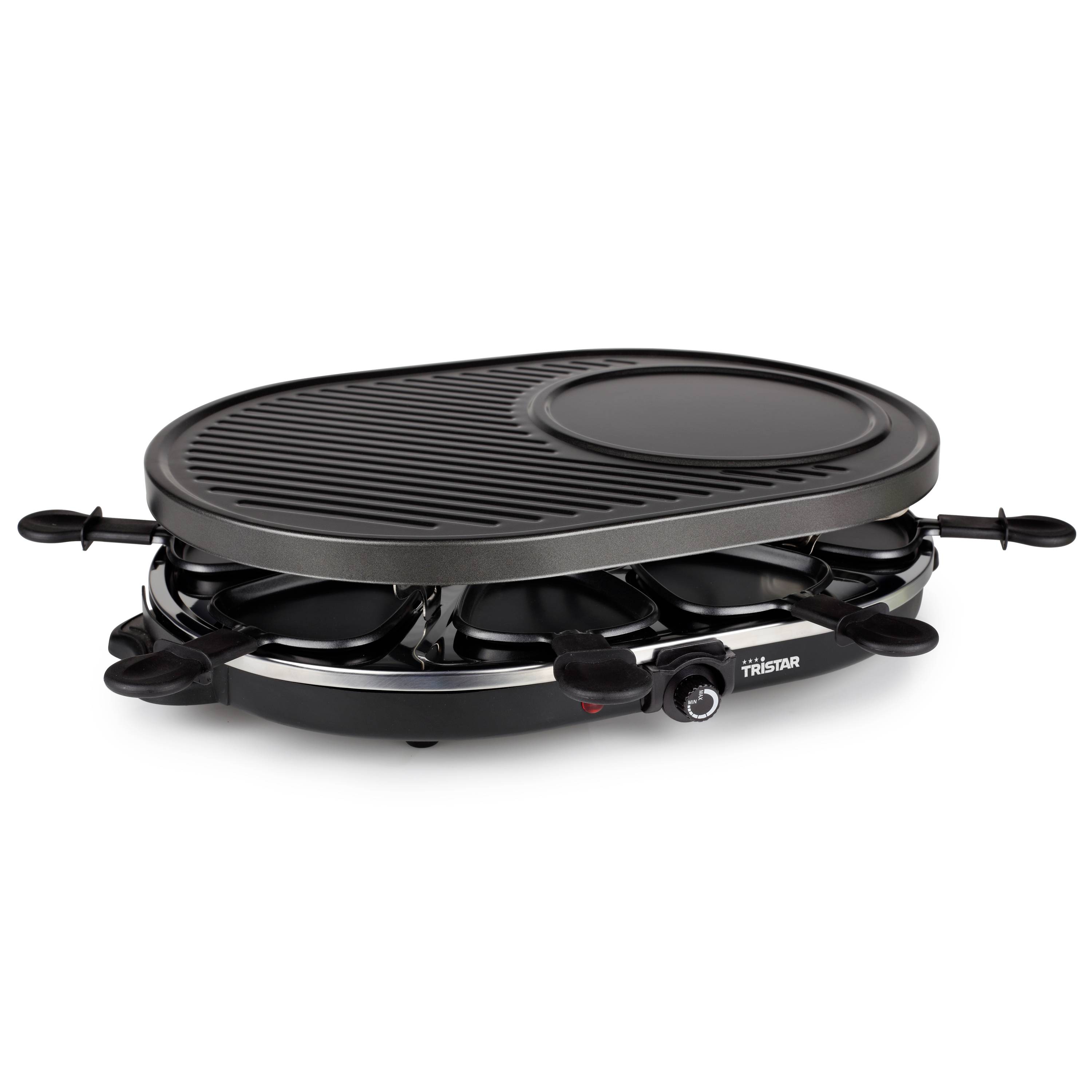 Elektrischer Raclette-Grill mit einer runden antihaftbeschichteten Oberplatte und sechs einzelnen Pfannen darunter, gezeigt auf weißem Hintergrund.