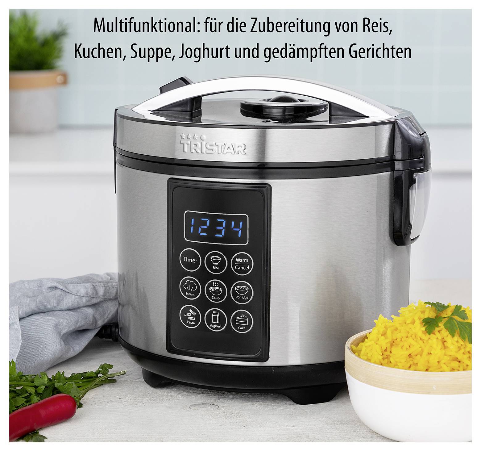 Edelstahl-Multifunktions-Reiskocher mit digitalen Bedienelementen, gezeigt mit Reis, Kräutern und Gemüse; deutscher Text besagt, dass er Reis, Kuchen, Suppe, Joghurt und gedämpfte Gerichte kocht.