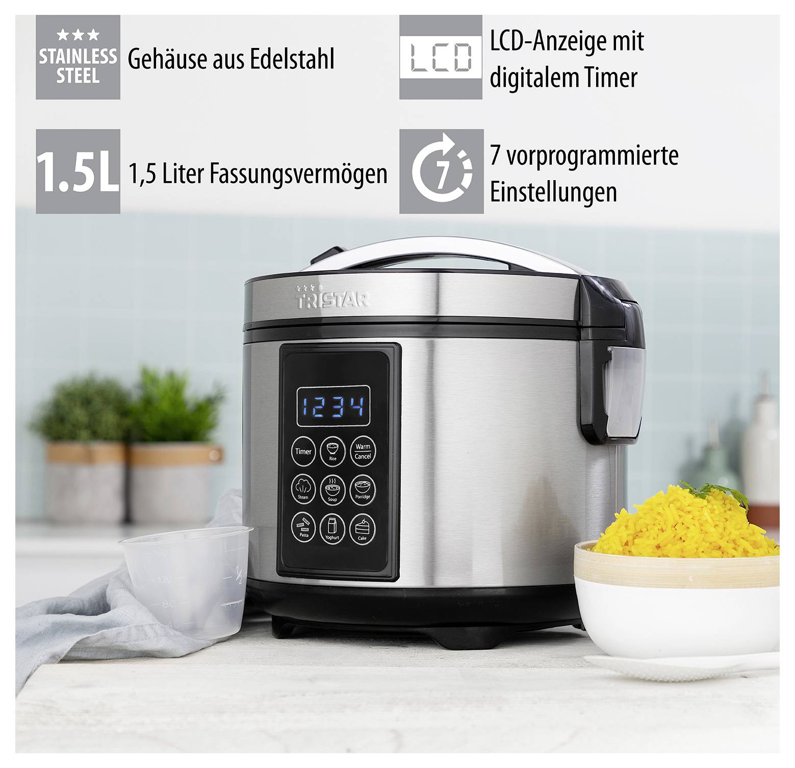 Edelstahl-Reiskocher mit digitaler Zeitschaltuhr, 1,5-Liter-Fassungsvermögen und 7 Voreinstellungen neben einer Schüssel Reis abgebildet.