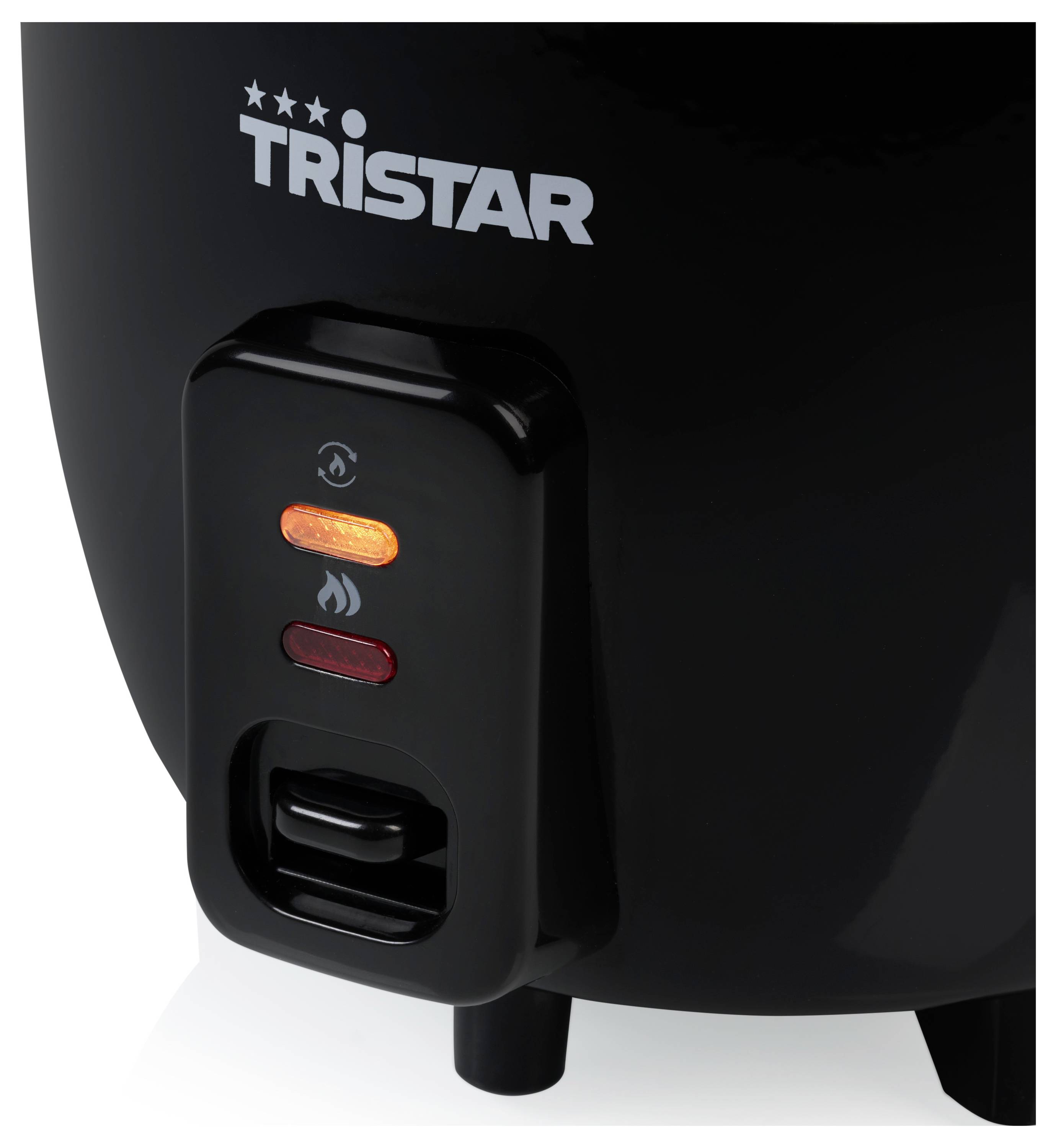 Nahaufnahme eines TRISTAR-Geräte-Bedienfelds mit zwei Kontrollleuchten und einem Schalter auf einem schwarzen Gerät.