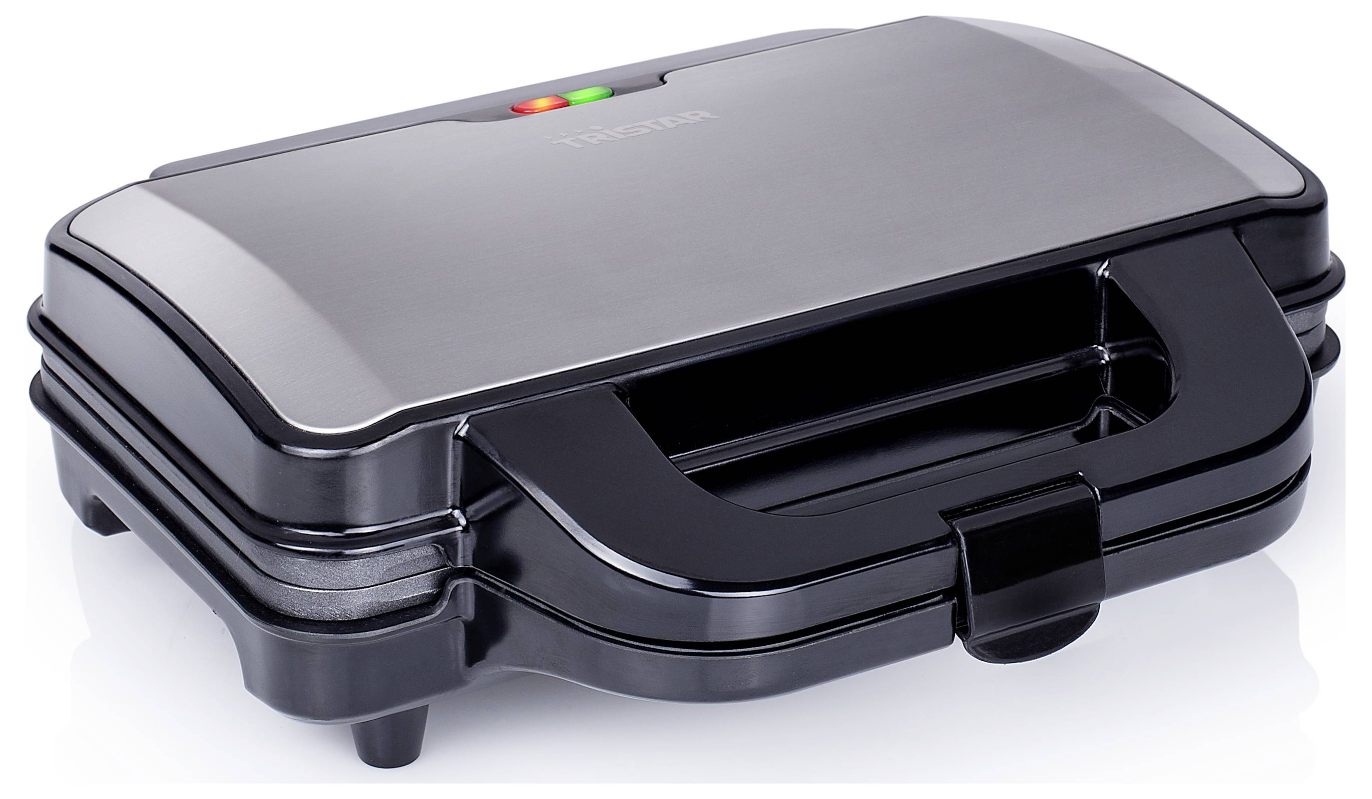 Geschlossene schwarz-silberne elektrische Sandwichpresse mit Kontrollleuchten und Frontgriff auf weißem Hintergrund.