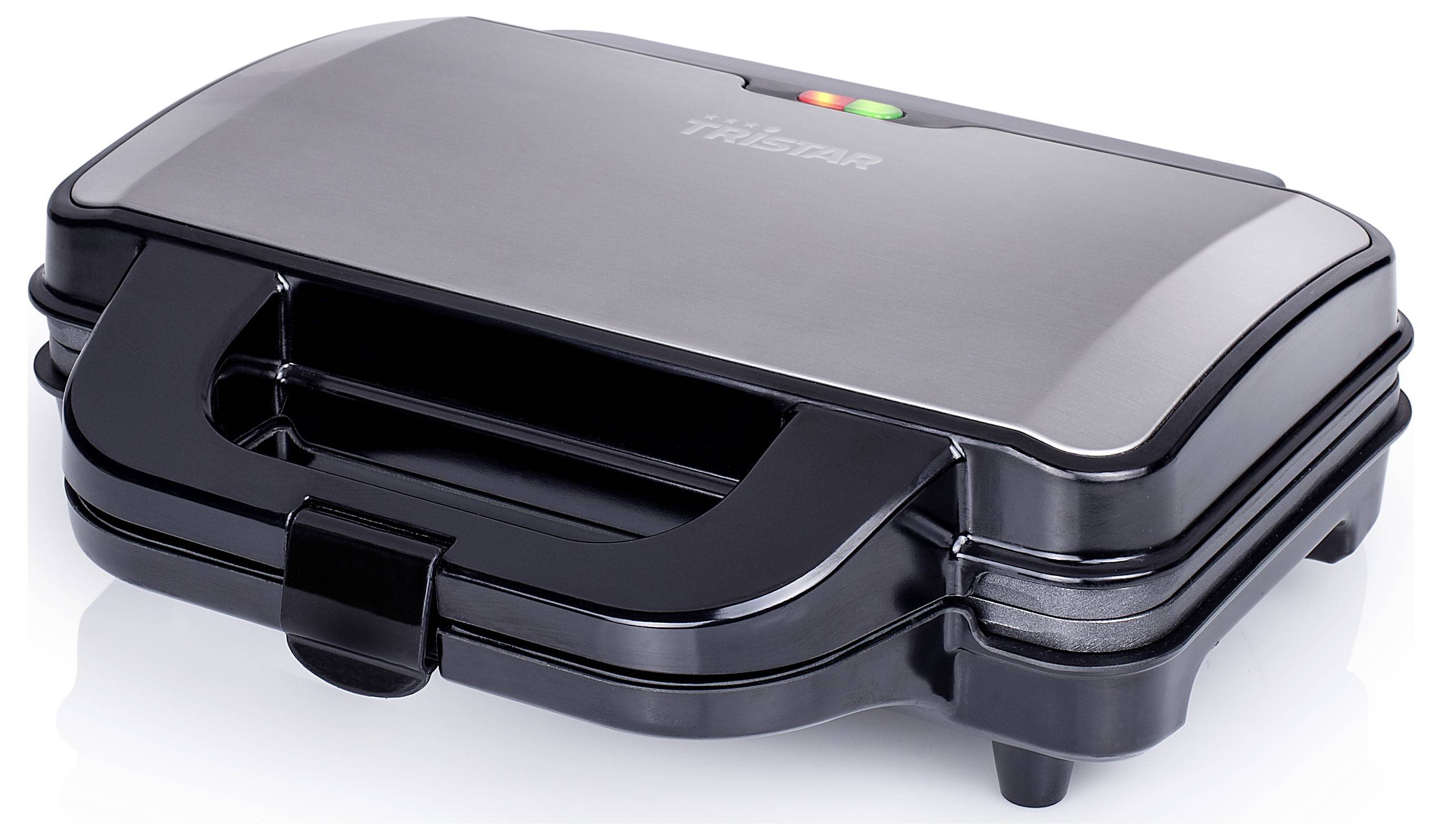 Schwarze Philips-Sandwichmaker mit Anzeigelichtern und einem Rigelgriff, geschlossen auf weißem Hintergrund dargestellt.