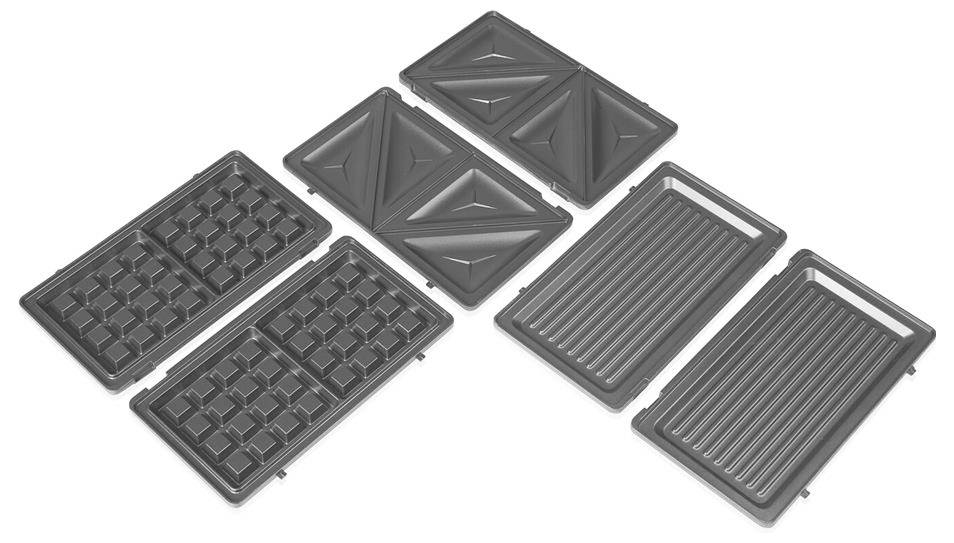 Sechs schwarze abnehmbare Geräteplatten auf weißem Hintergrund: zwei Waffel-/Grillplatten, zwei Sandwich-Dreiecksplatten und zwei geriffelte Grillplatten.