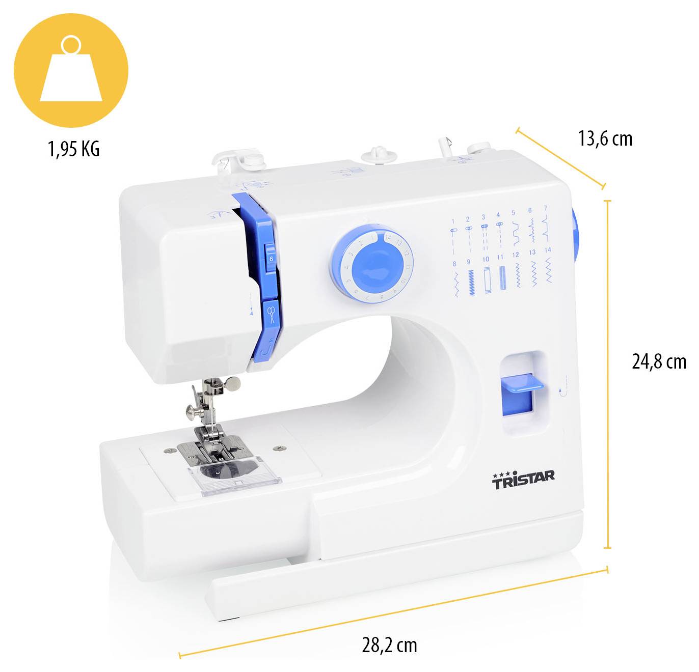 Kompakte weiß-blaue Tristar-Nähmaschine mit den Abmessungen 28,2 x 24,8 x 13,6 cm und einem Gewicht von 1,95 kg.