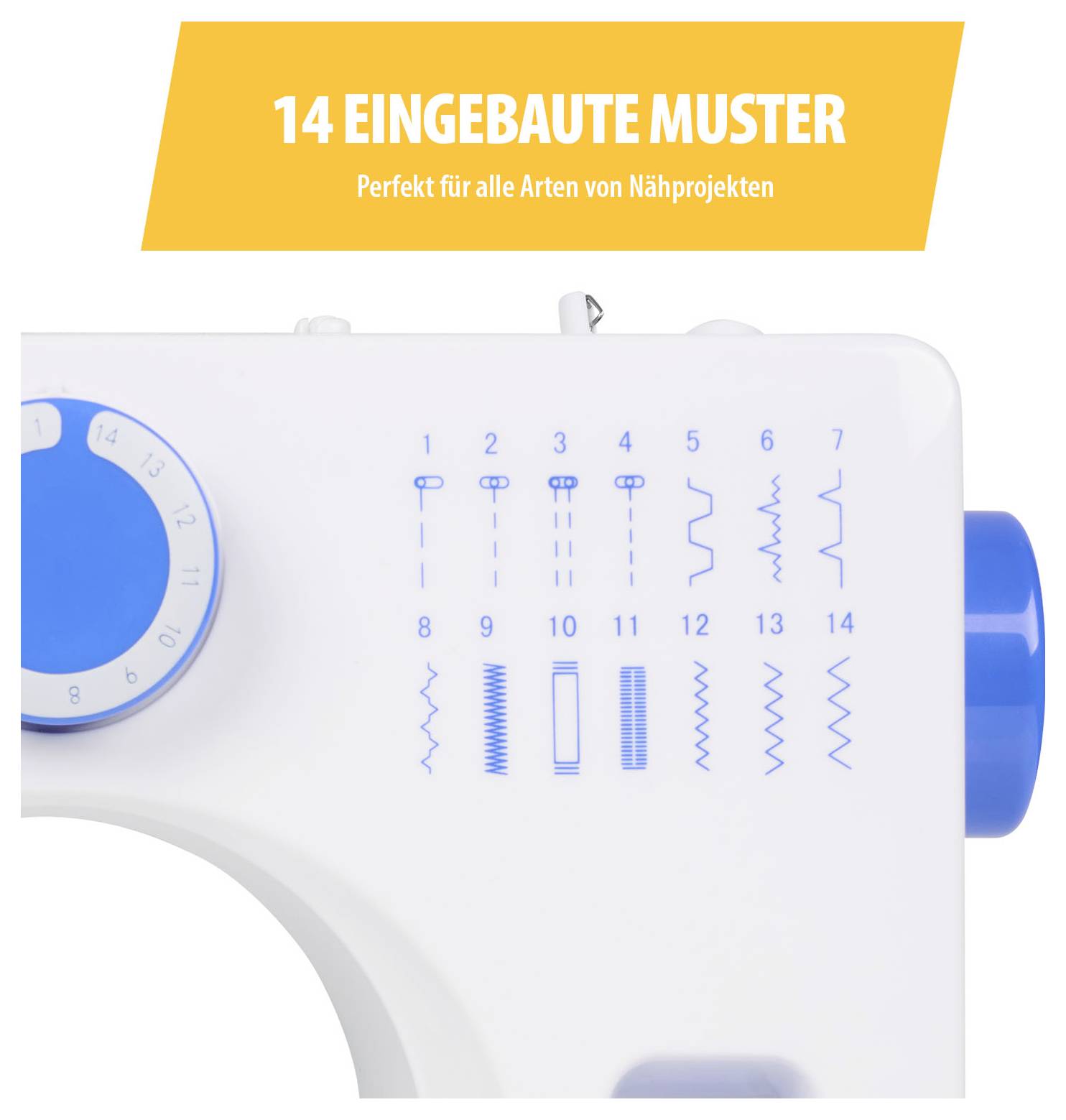 Nähmaschine mit Aufdruck '14 EINGEBAUTE MUSTER' und 'Perfekt für alle Arten von Nähprojekten'; zeigt 14 Stichmuster auf dem Gehäuse.
