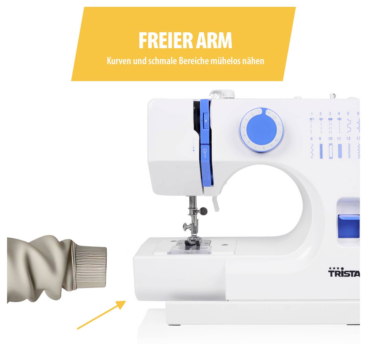 Werbegrafik einer Nähmaschine mit Freiarmlösung; ein Ärmel wird zum Nähen enger Stellen am Maschinenarm gezeigt.