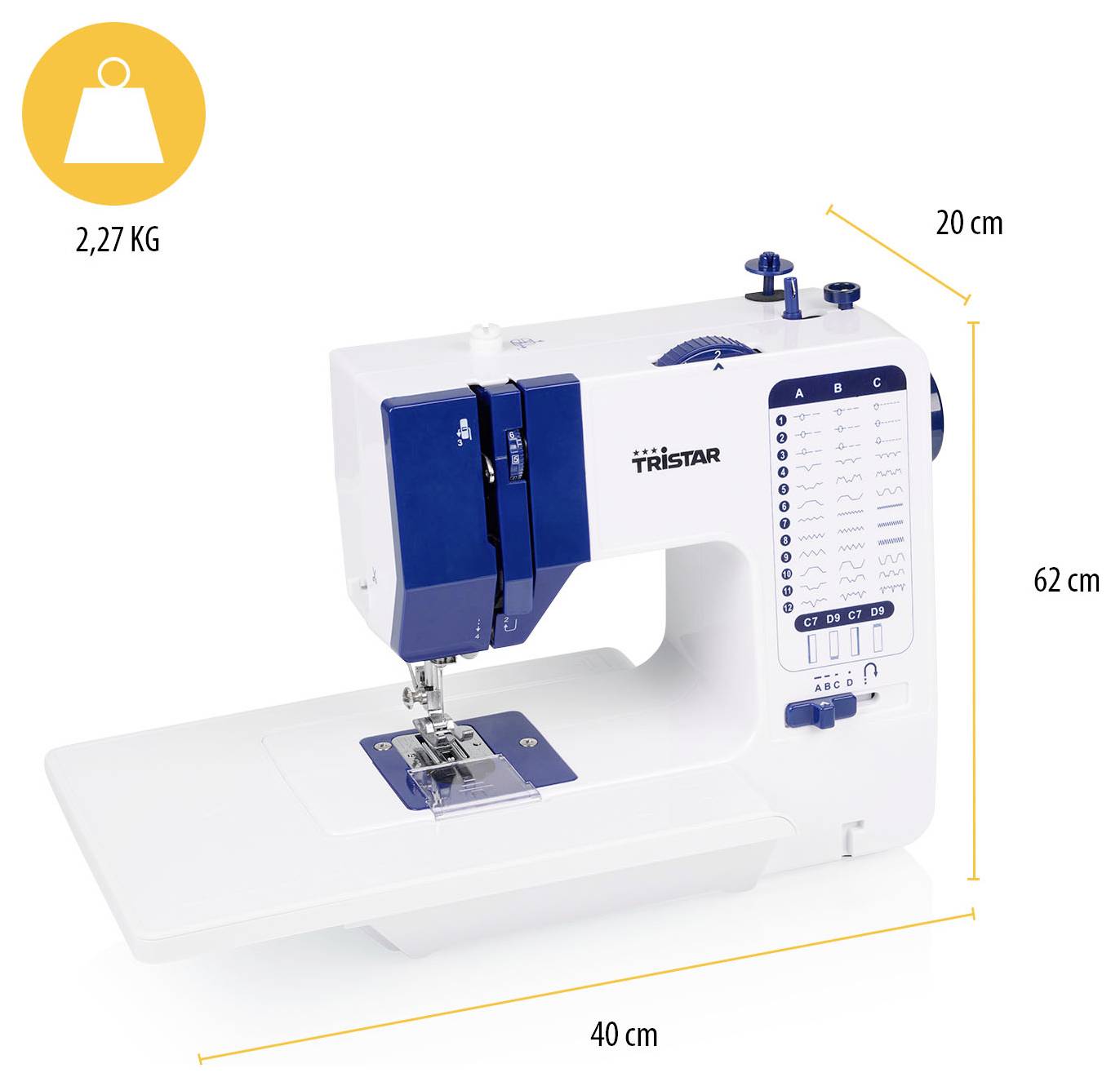Produktbild einer Tristar-Nähmaschine mit beschrifteten Abmessungen und Gewicht: 40 cm breit, 62 cm hoch, 20 cm tief, 2,27 kg.
