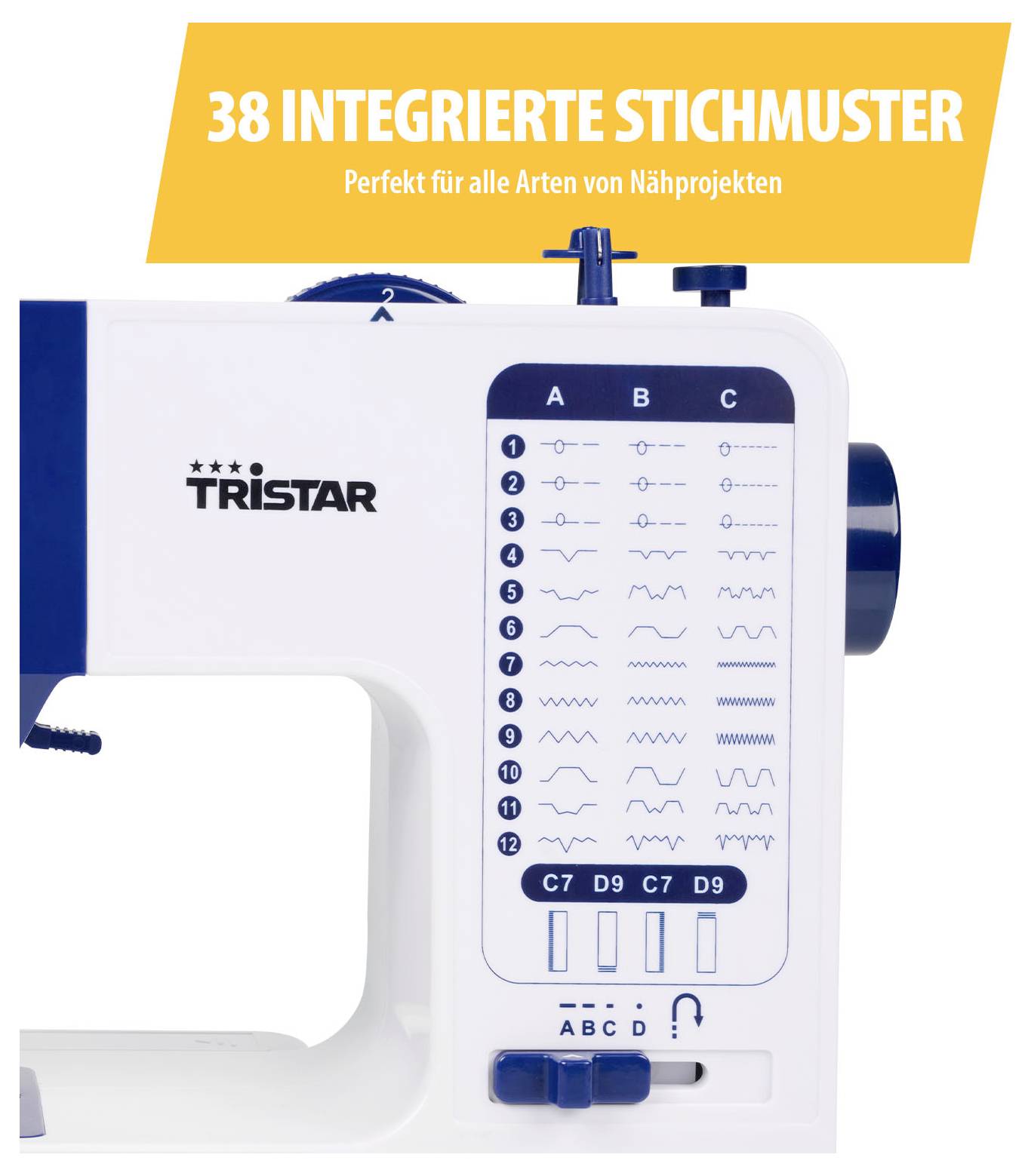 Weiße Tristar-Nähmaschine mit Hinweis '38 integrierte Stichmuster' und Stichübersicht für verschiedene Nähprojekte.