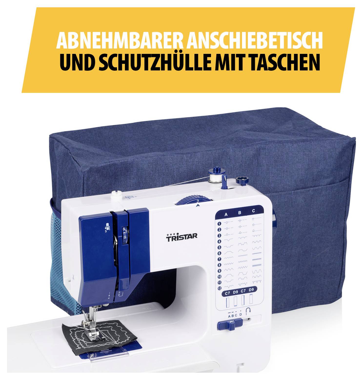Nähmaschine mit abnehmbarem Anschiebetisch und blauer Schutzhülle mit Taschen; oben steht 'ABNEHMBARER ANSCHIEBETISCH UND SCHUTZHÜLLE MIT TASCHEN'.
