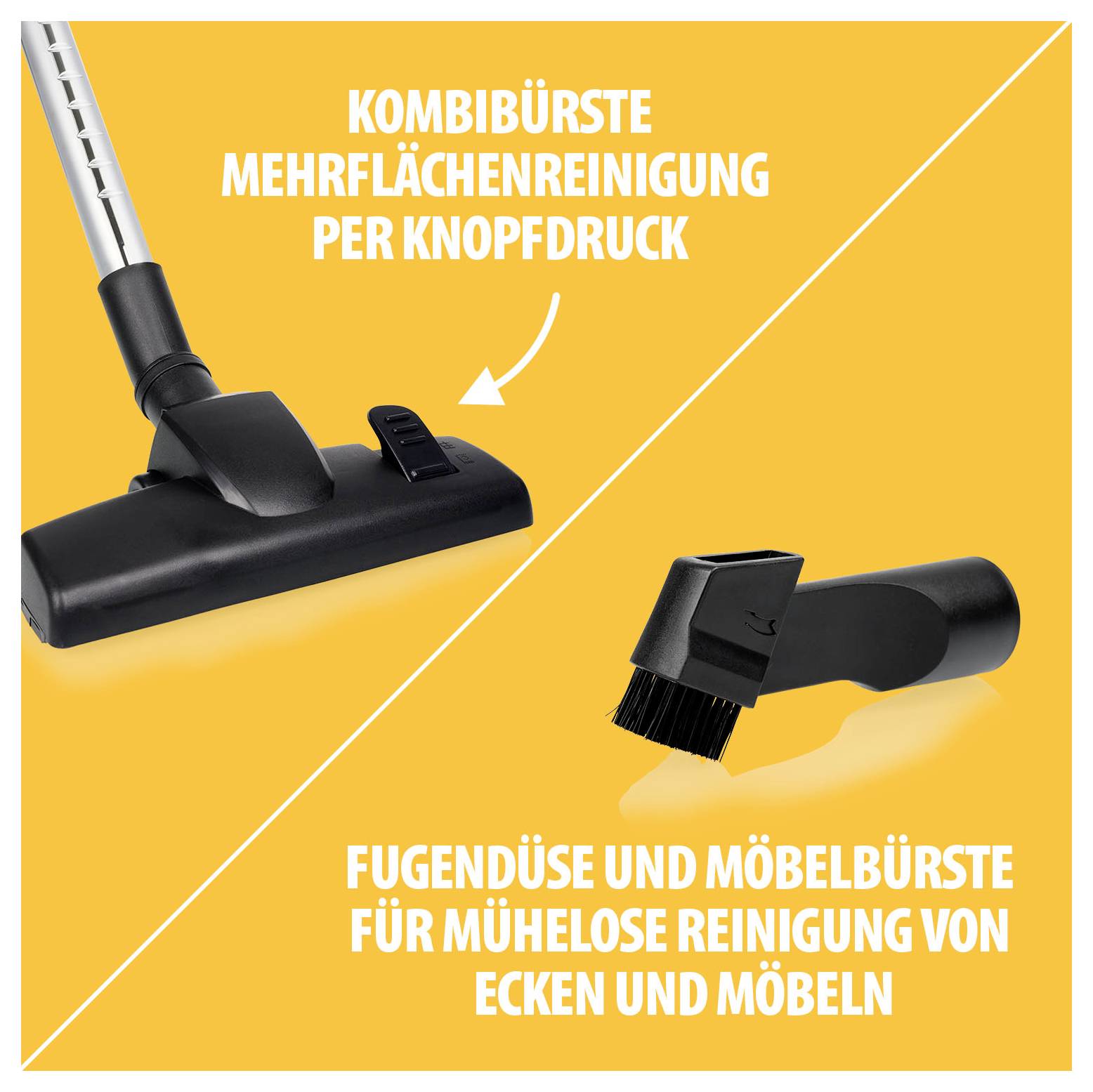 Werbegrafik mit Kombibürste und Wechselaufsätzen; Text: 'KOMBIBÜRSTE MEHRFLÄCHENREINIGUNG PER KNOPFDRUCK' und 'FUGENDÜSE UND MÖBELBÜRSTE FÜR MÜHELOSE REINIGUNG VON ECKEN UND MÖBELN'.