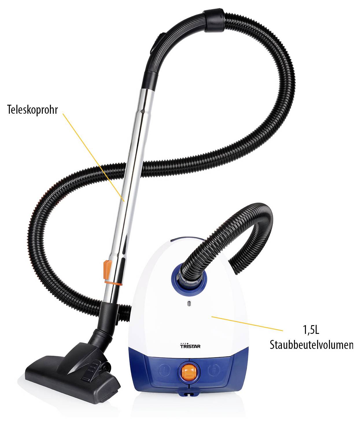 Staubsauger mit Schlauch und Bodendüse; markiert sind Teleskoprohr und 1,5 l Staubbeutelvolumen.