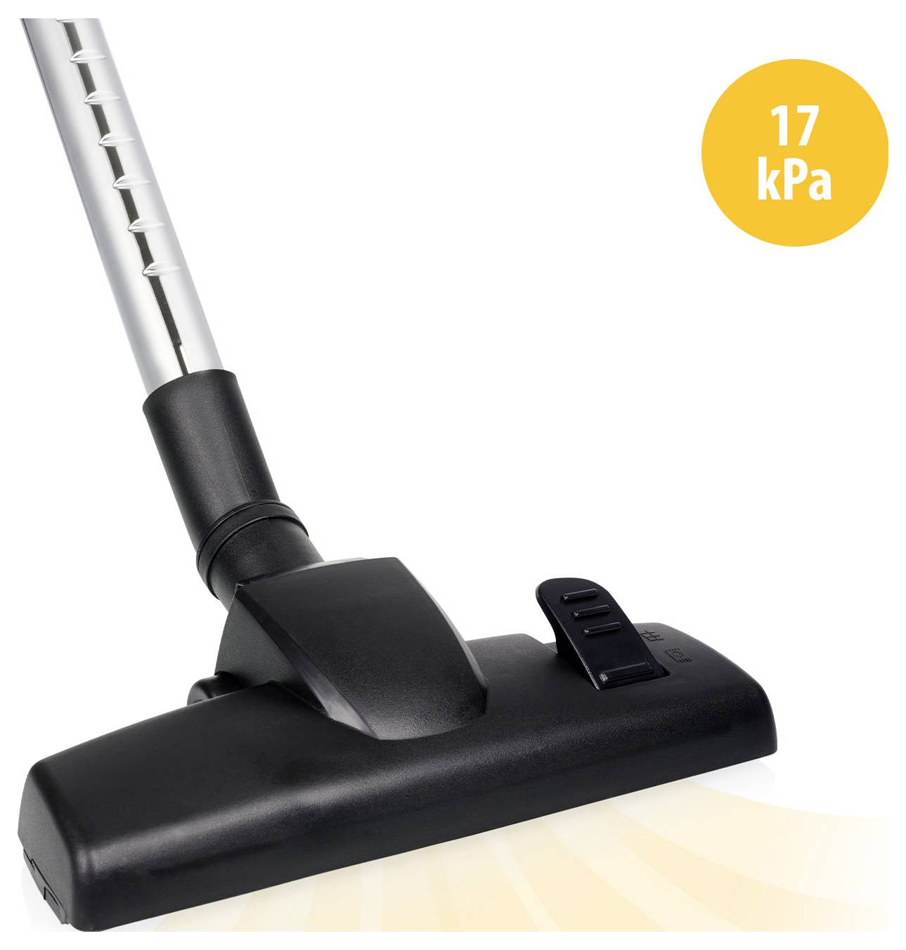 Schwarze Staubsaugerbodendüse mit angeschlossenem Schlauch, beschriftet mit 17 kPa in einem gelben Kreis.