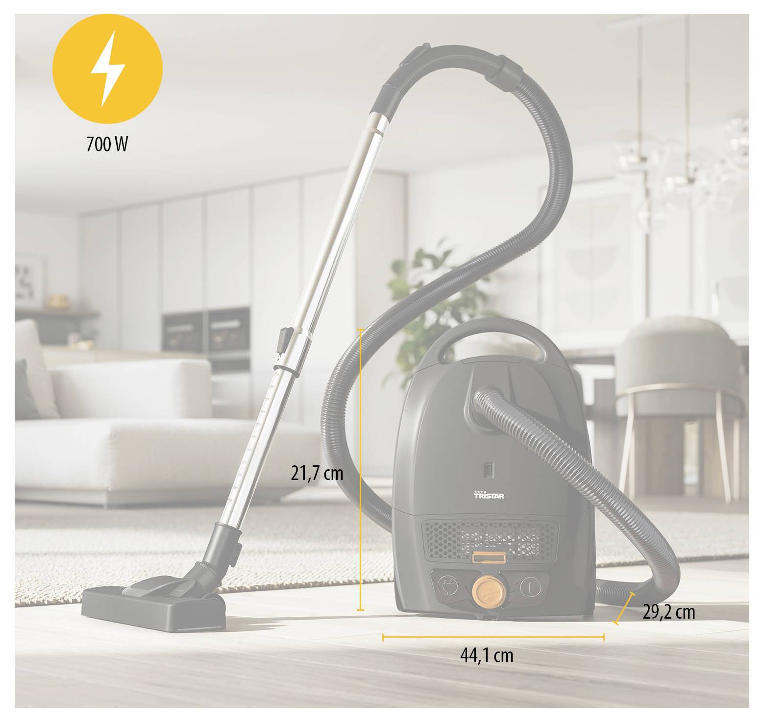 Staubsauger mit Behälter gezeigt mit Abmessungen: 44,1 cm breit, 29,2 cm tief, 21,7 cm hoch und 700 W Leistung.