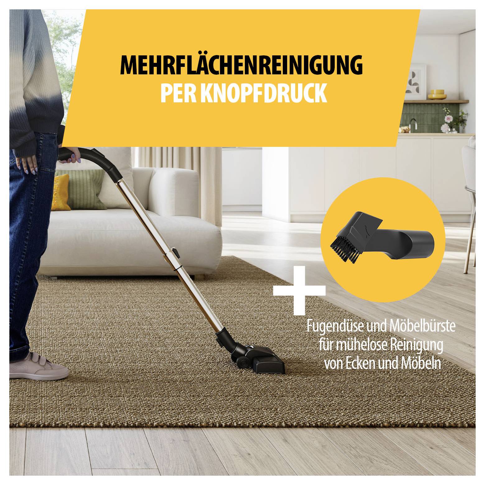 Werbung für einen Staubsauger mit Mehrflächenreinigung per Knopfdruck; gezeigt werden Fugendüse und Möbelbürste für Ecken und Möbel.