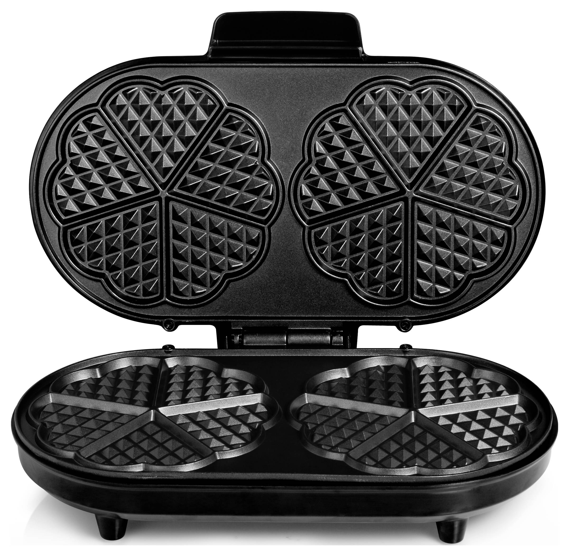 Schwarze duale Waffeleisen offen, zeigt zwei blumenförmige Waffelplatten auf dem Deckel und der Basis.