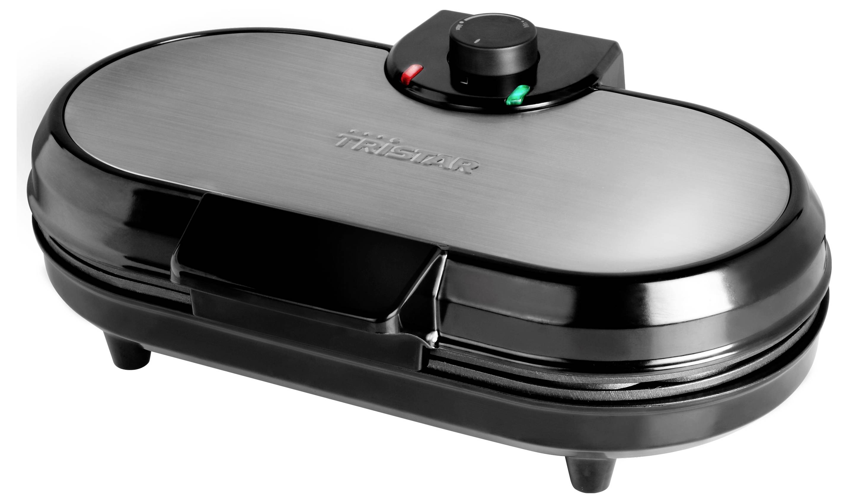 Schwarzer und silberner elektrischer Raclettegrill mit einem runden Temperaturreglerschalter oben und einem vorderen Griff, gezeigt auf weißem Hintergrund.