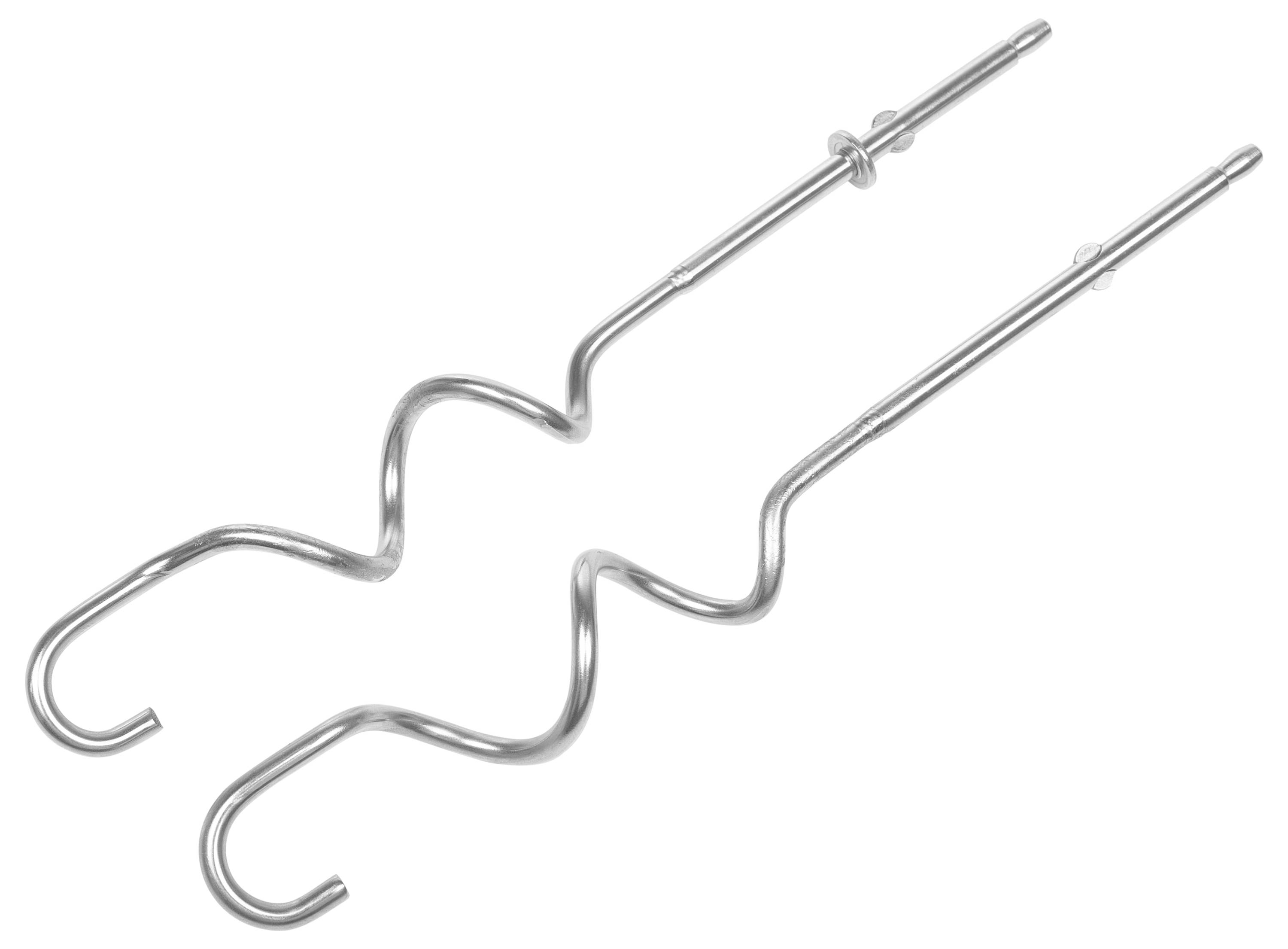 Zwei Metall-Handrührer oder Schneebesen-Aufsätze mit gebogenen Drahtschleifen, abgebildet auf weißem Hintergrund.