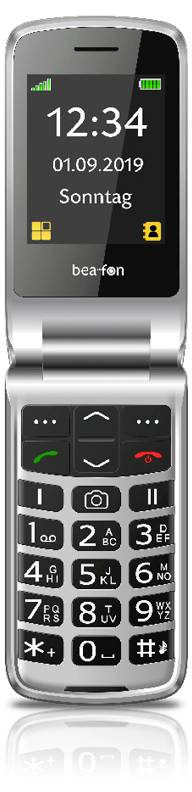 Silbernes Beafon-Klapptelefon geöffnet, mit großem Uhrendisplay, das 12:34 Uhr anzeigt, Datum 01.09.2019 und Anruf-/Beendigungstasten darunter.