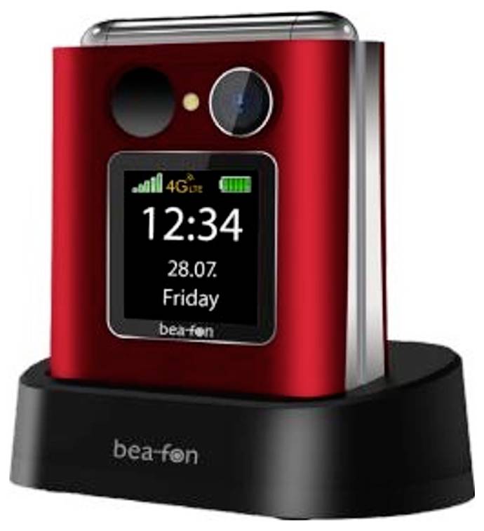 Rotes Bea-fon Mobiltelefon in einer schwarzen Ladestation, auf dem Display werden 12:34, 28.07., Freitag und 4G-Signalsymbole angezeigt.