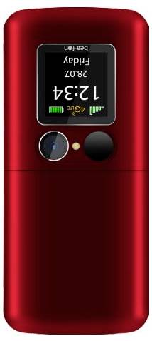 Rotes tragbares elektronisches Gerät mit kleinem Bildschirm, auf dem „12:34