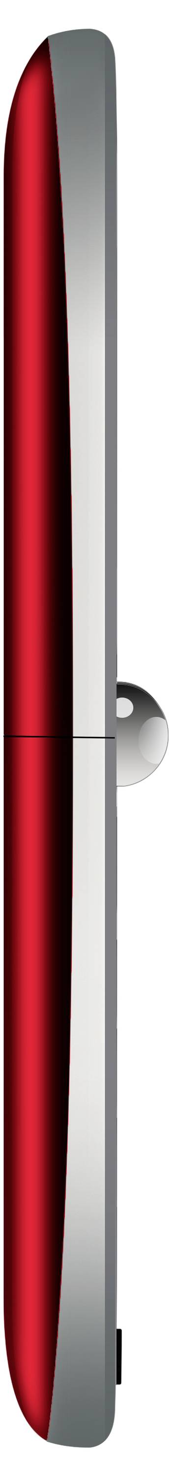 Nahaufnahme einer Seitenansicht eines rot-silbernen Smartphones, die sein schlankes Profil und die Seitentaste zeigt.