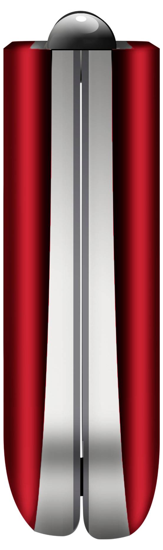 Rotes zylindrisches Objekt mit einer vertikalen Mittelnaht und gewölbtem schwarzem Deckel, das einer glänzenden Kapsel oder einem Behälter ähnelt.