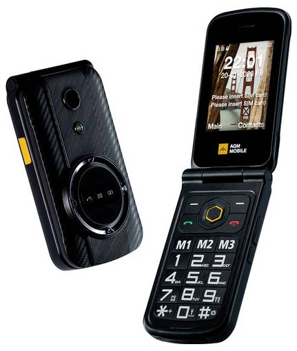 Zwei Ansichten eines schwarzen Klapp-Mobiltelefons, offen mit Tastatur und Bildschirm, mit einer kreisförmigen Kamera/Modul auf der Rückseite und oranger Seitentaste.